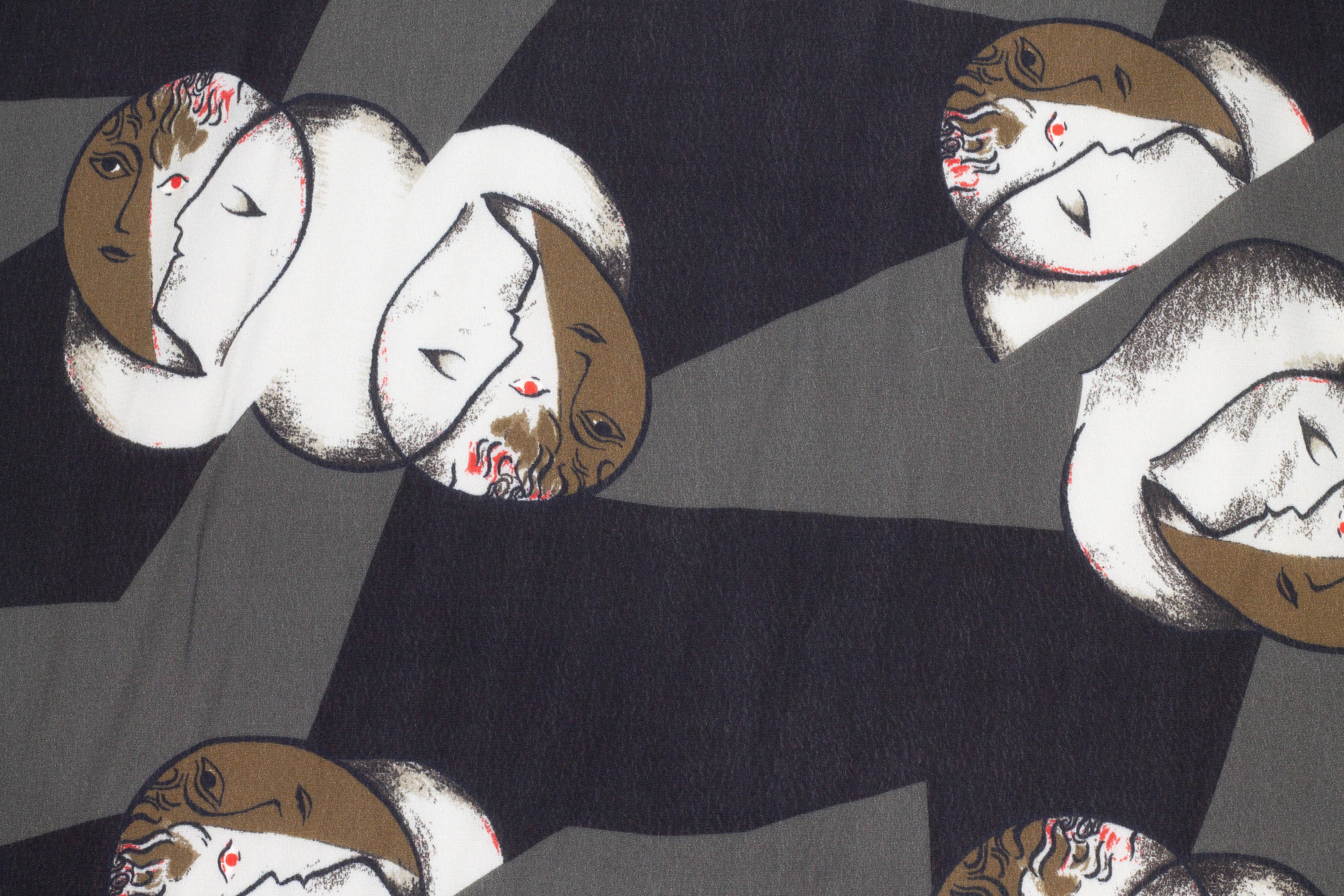 Abstract Face Italian Viscose Crepe - Gray and Black - Prime Fabrics