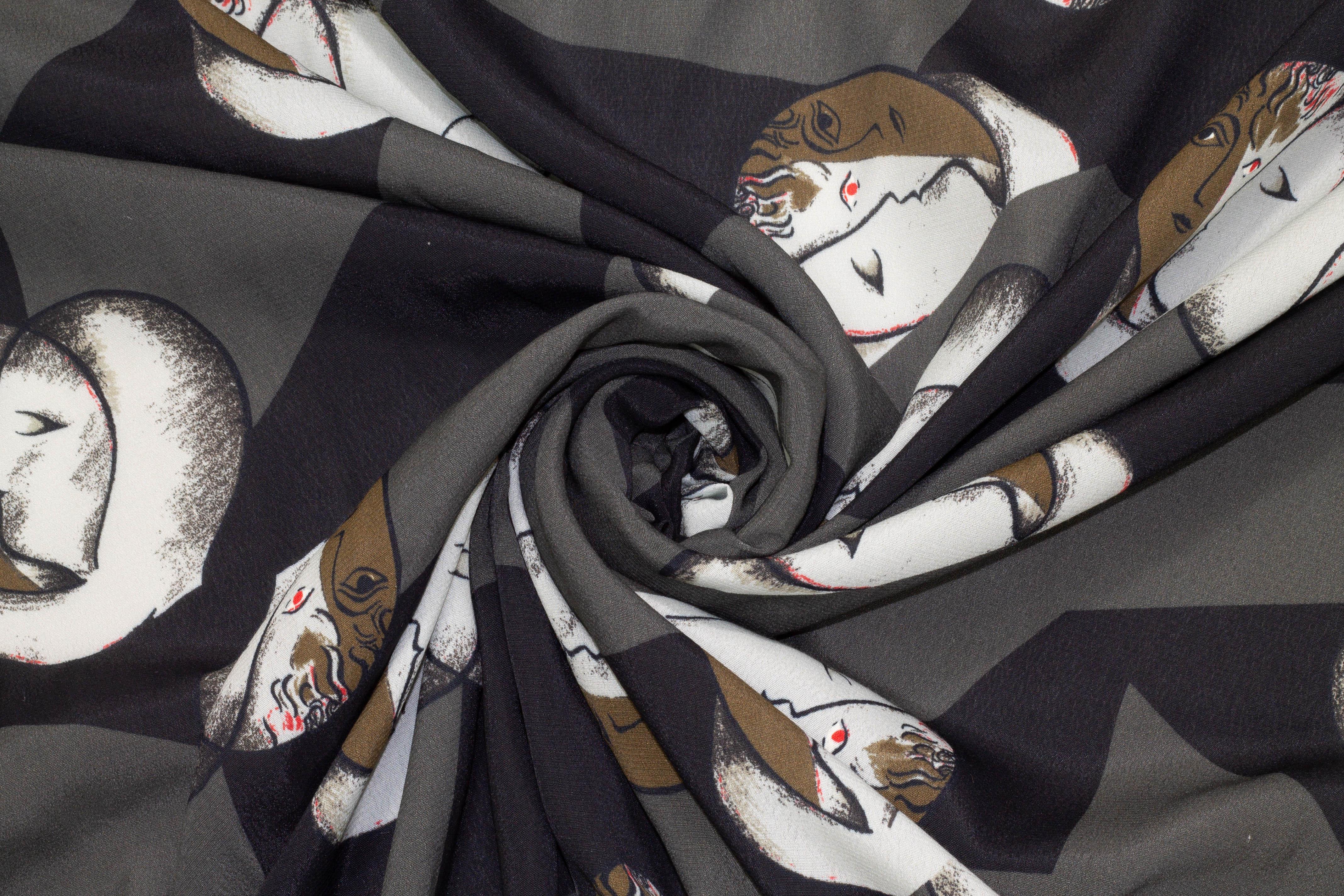 Abstract Face Italian Viscose Crepe - Gray and Black - Prime Fabrics