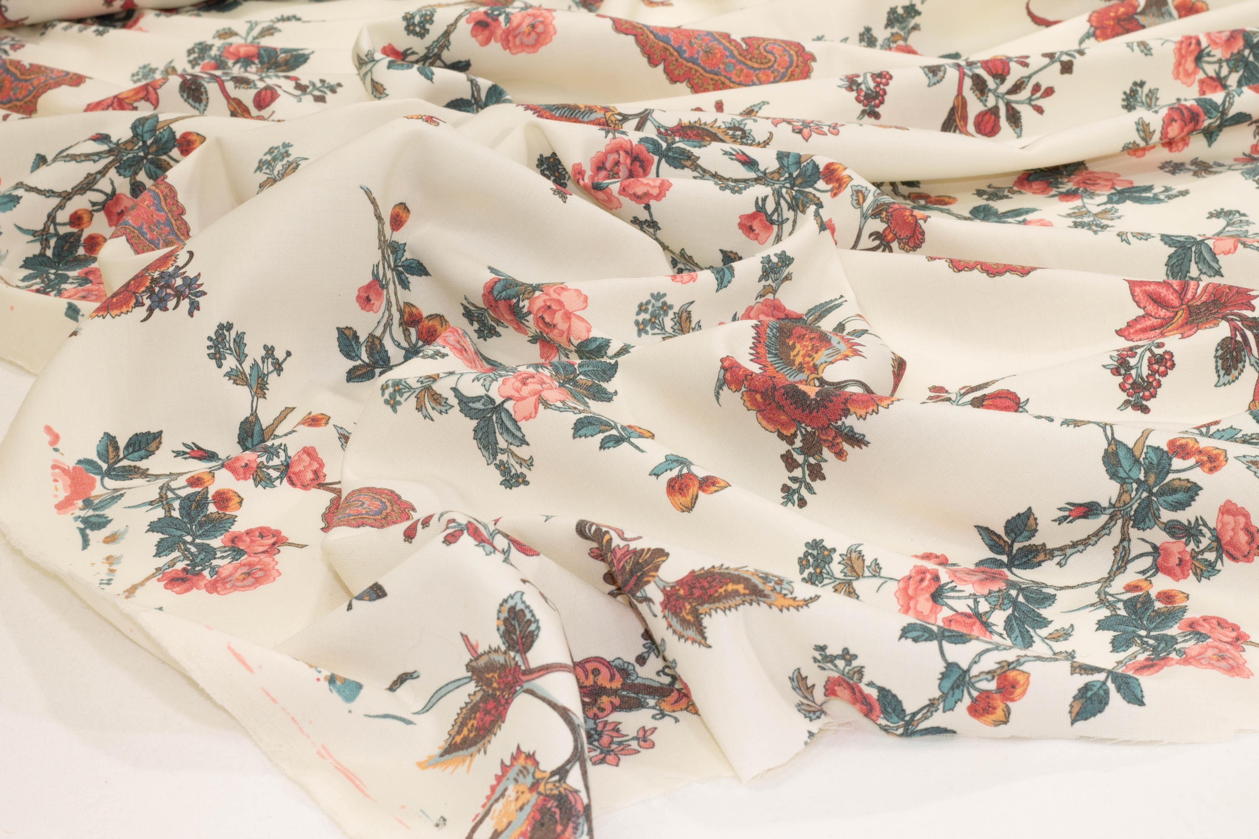 Off White and Multicolor Floral Italian Stretch Wool - Prime Fabrics