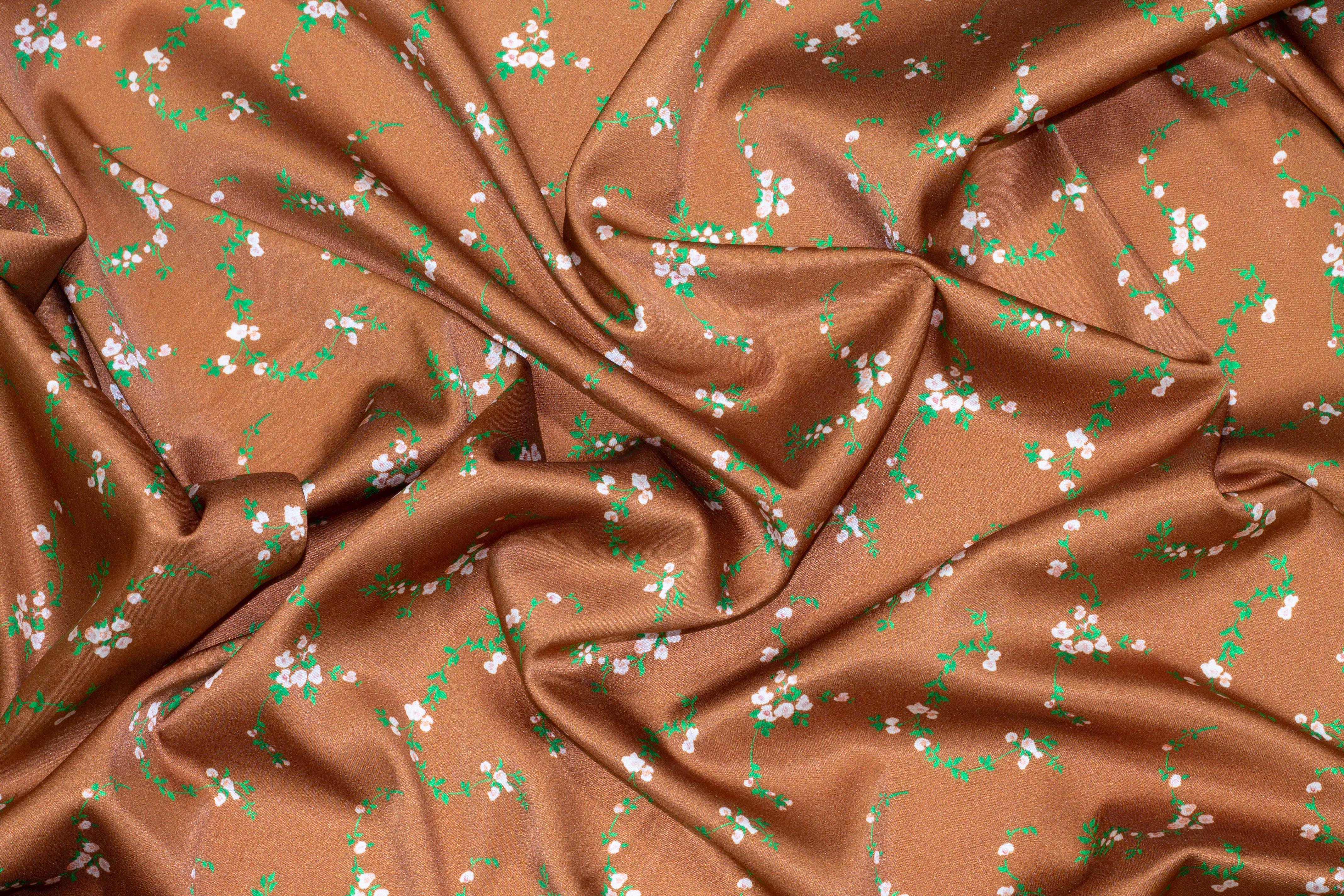 Brown Floral Stretch Silk Charmeuse - Prime Fabrics
