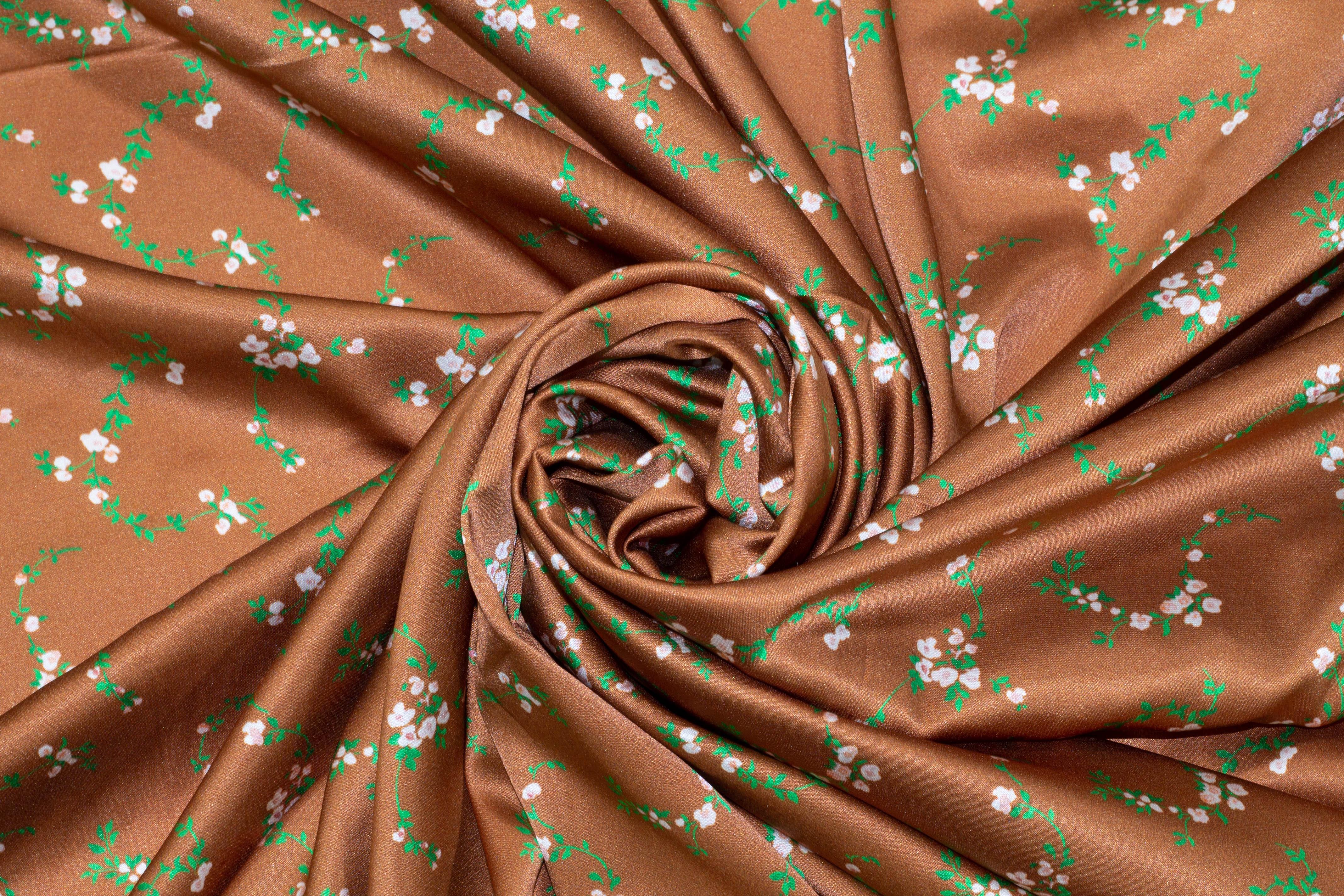 Brown Floral Stretch Silk Charmeuse - Prime Fabrics