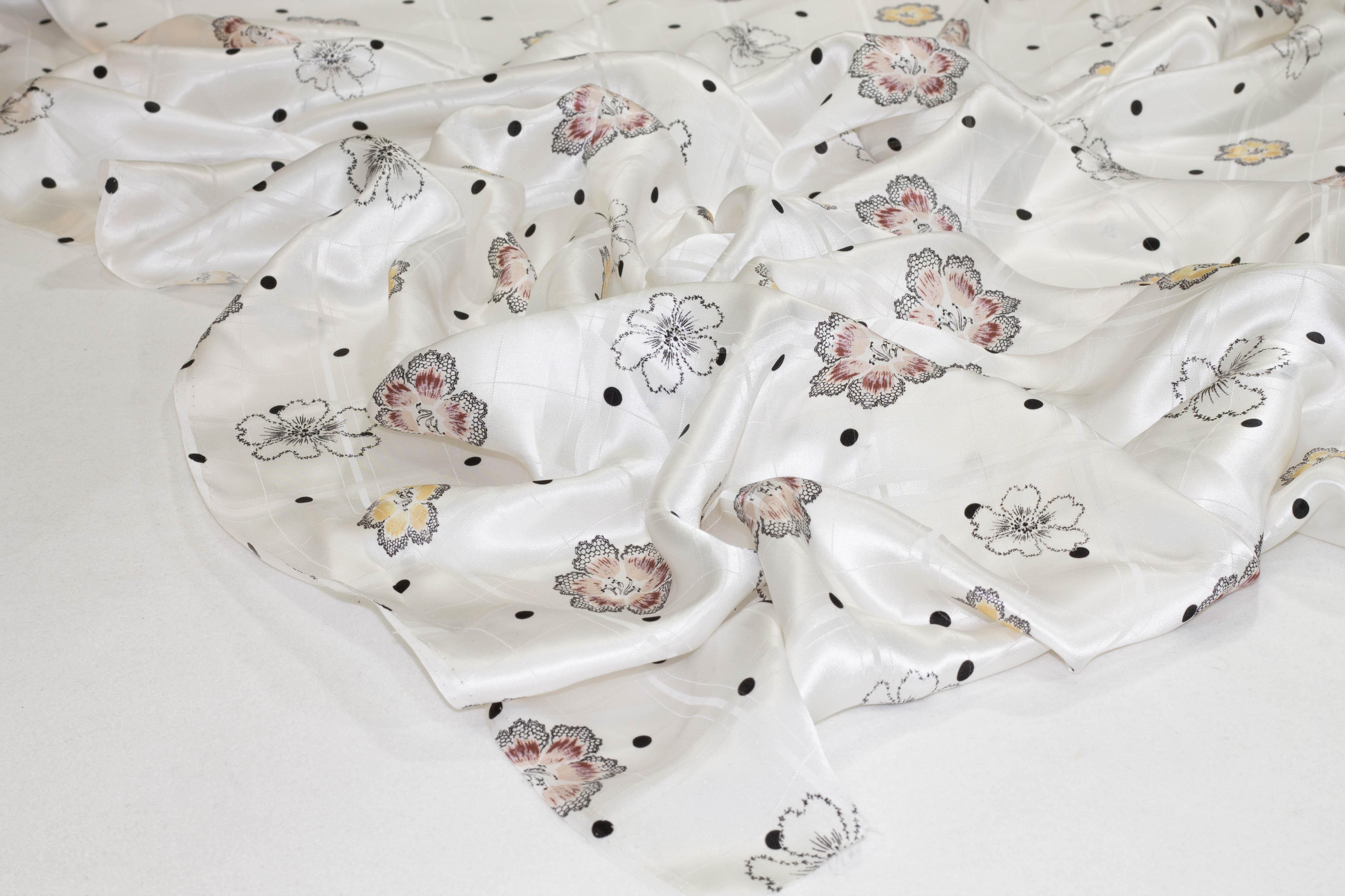 White Floral Checked and Dotted Silk Charmeuse - Prime Fabrics