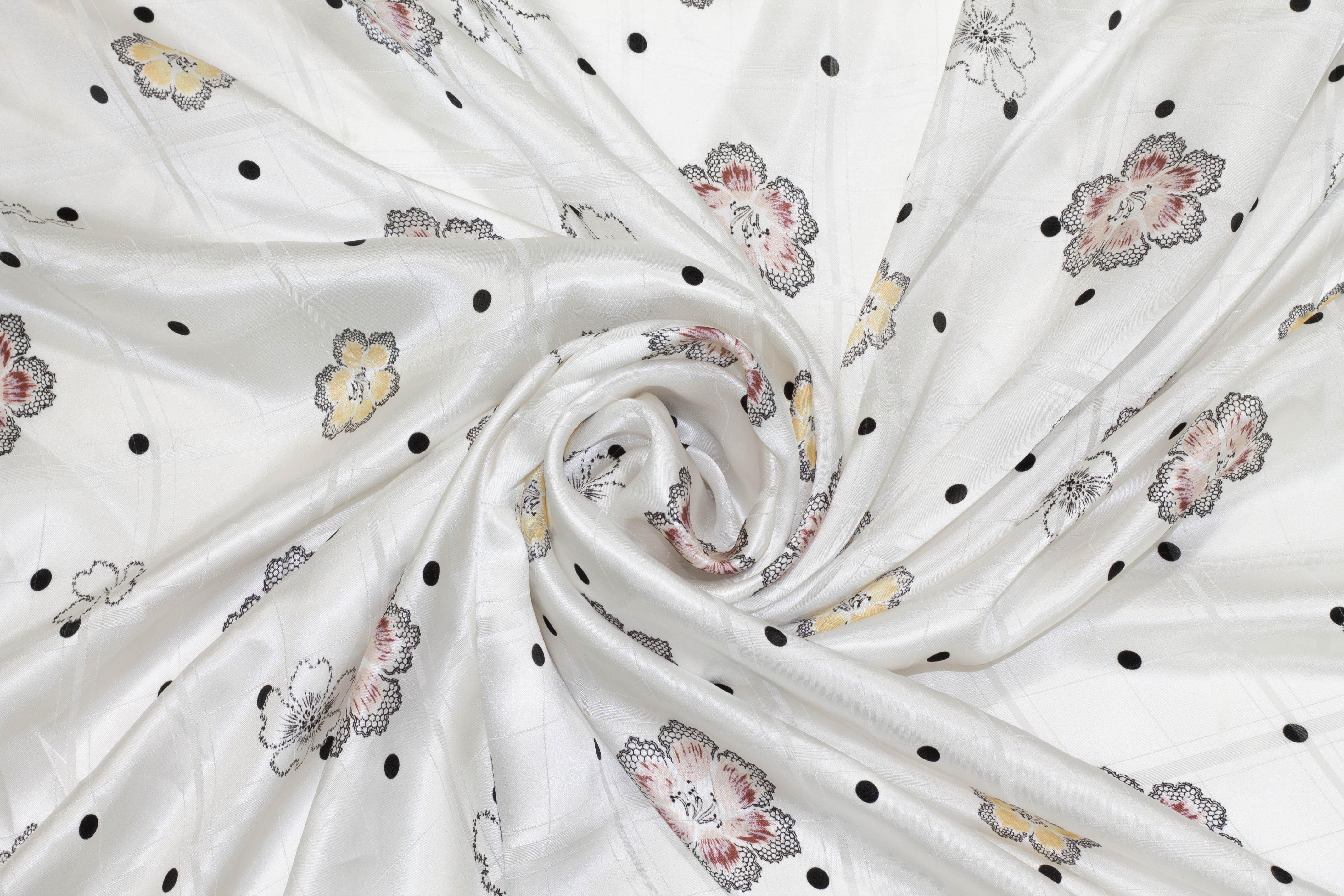 White Floral Checked and Dotted Silk Charmeuse - Prime Fabrics