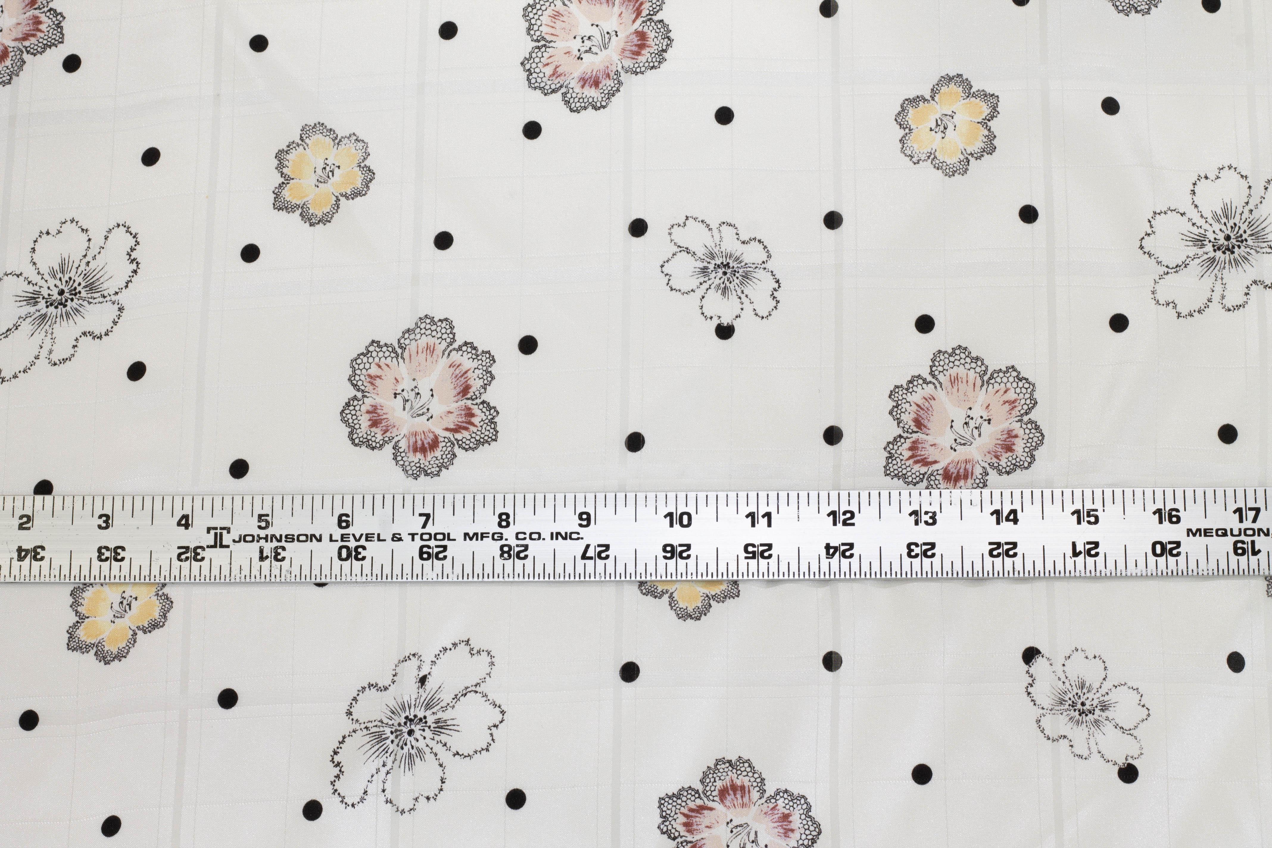 White Floral Checked and Dotted Silk Charmeuse - Prime Fabrics