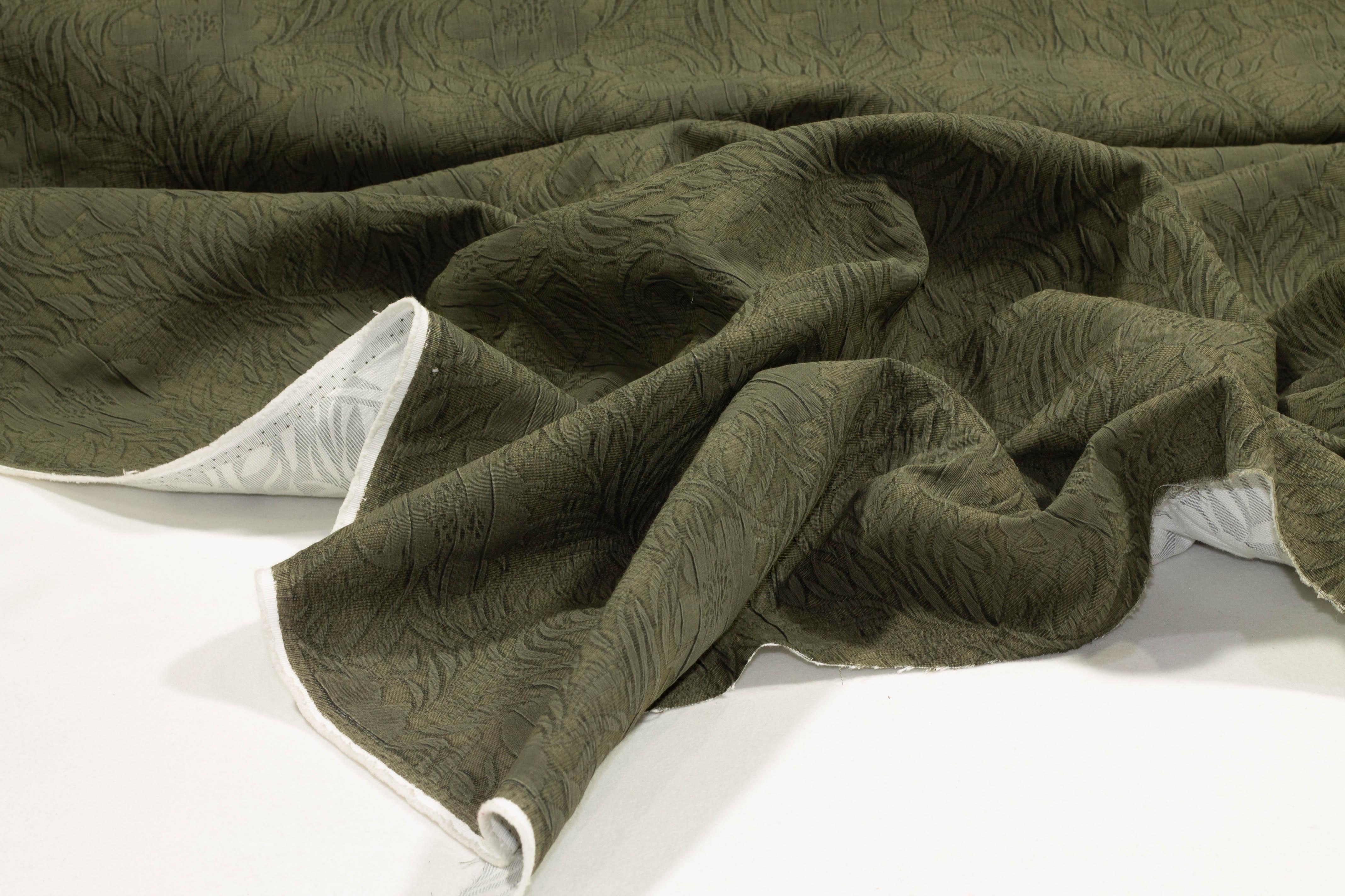 Khaki Green Floral Italian Crushed Cotton Brocade - Prime Fabrics