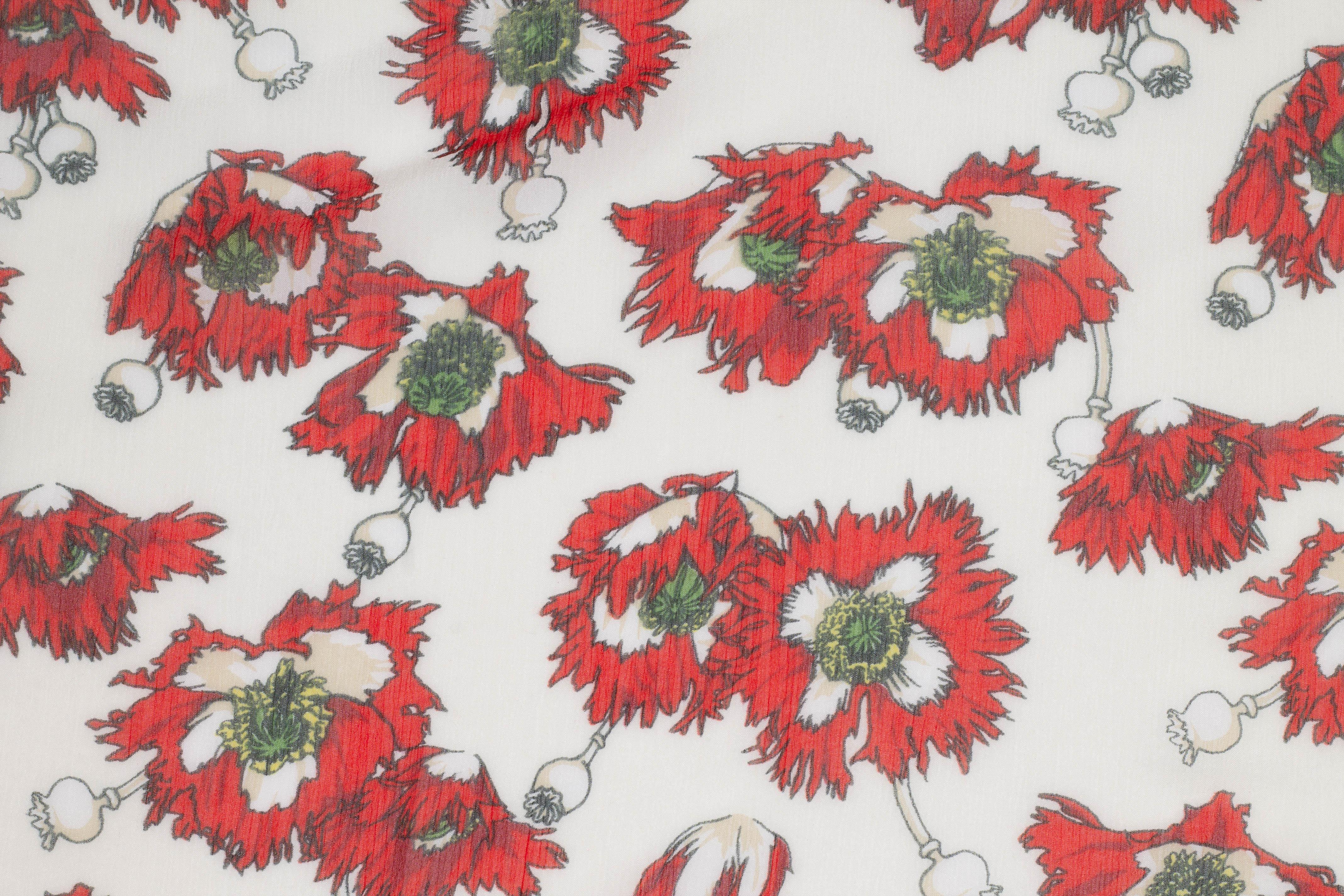 Red and White Floral Crushed Silk Chiffon - Prime Fabrics