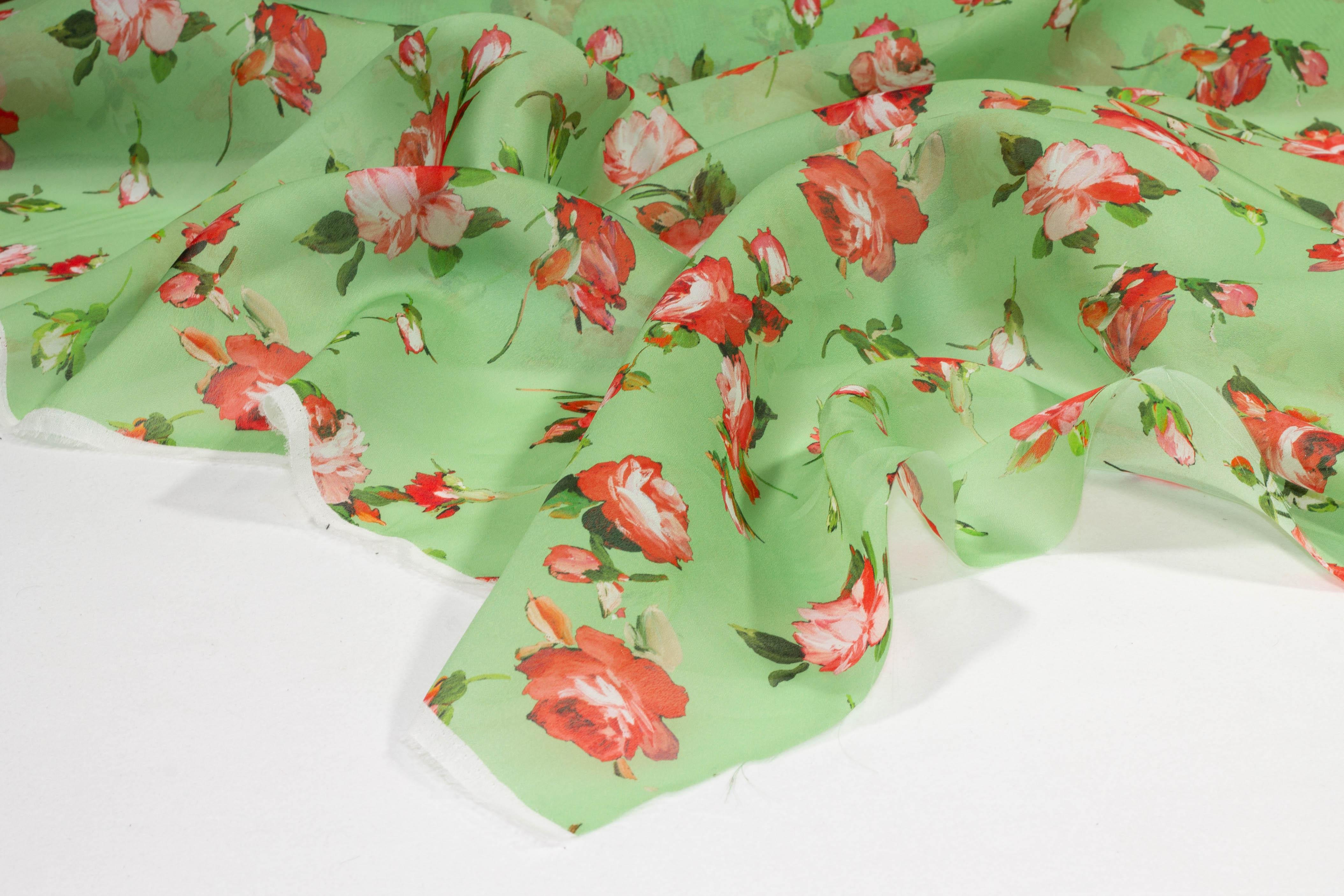 Green and Red Floral Silk Organza - Prime Fabrics