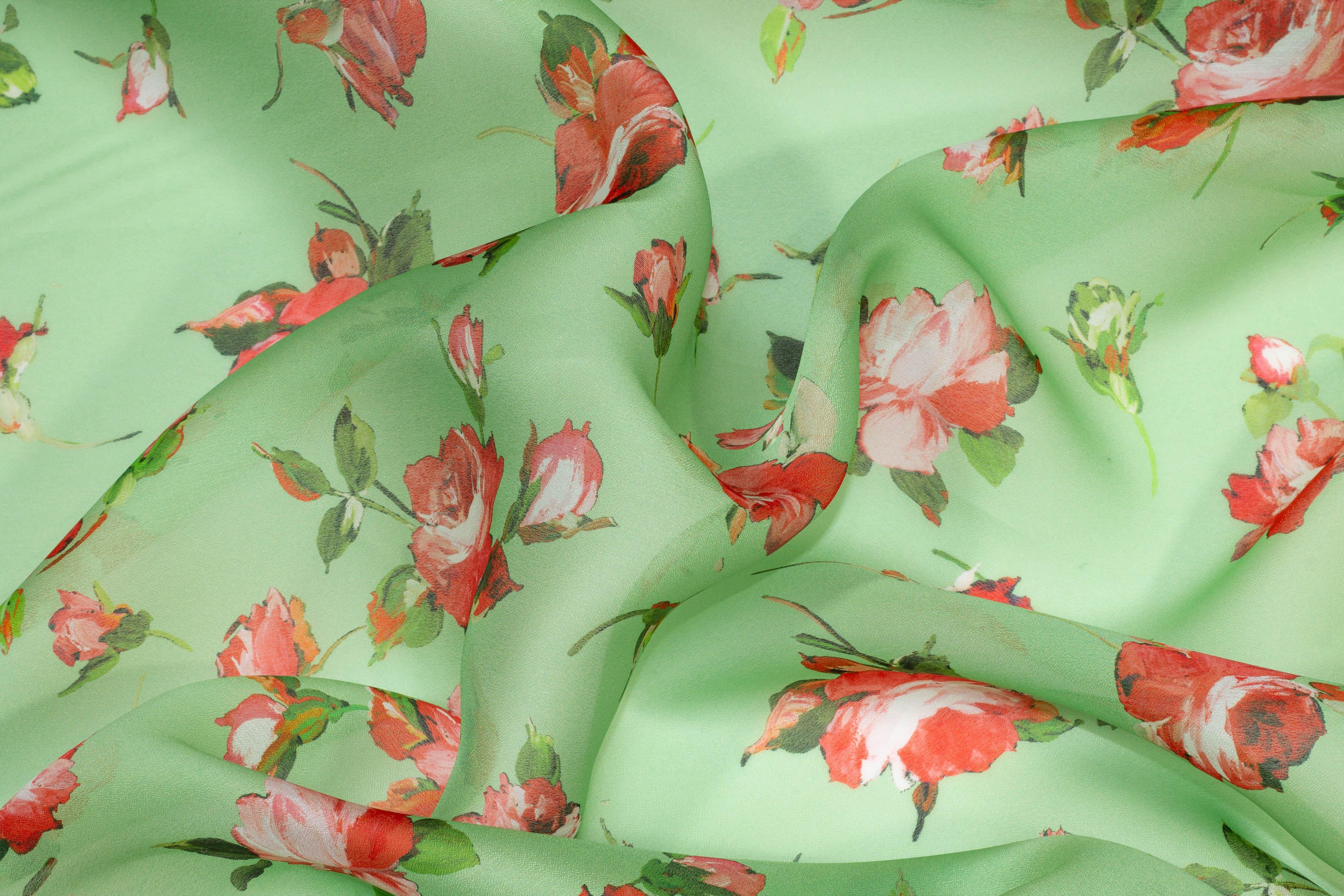 Green and Red Floral Silk Organza - Prime Fabrics