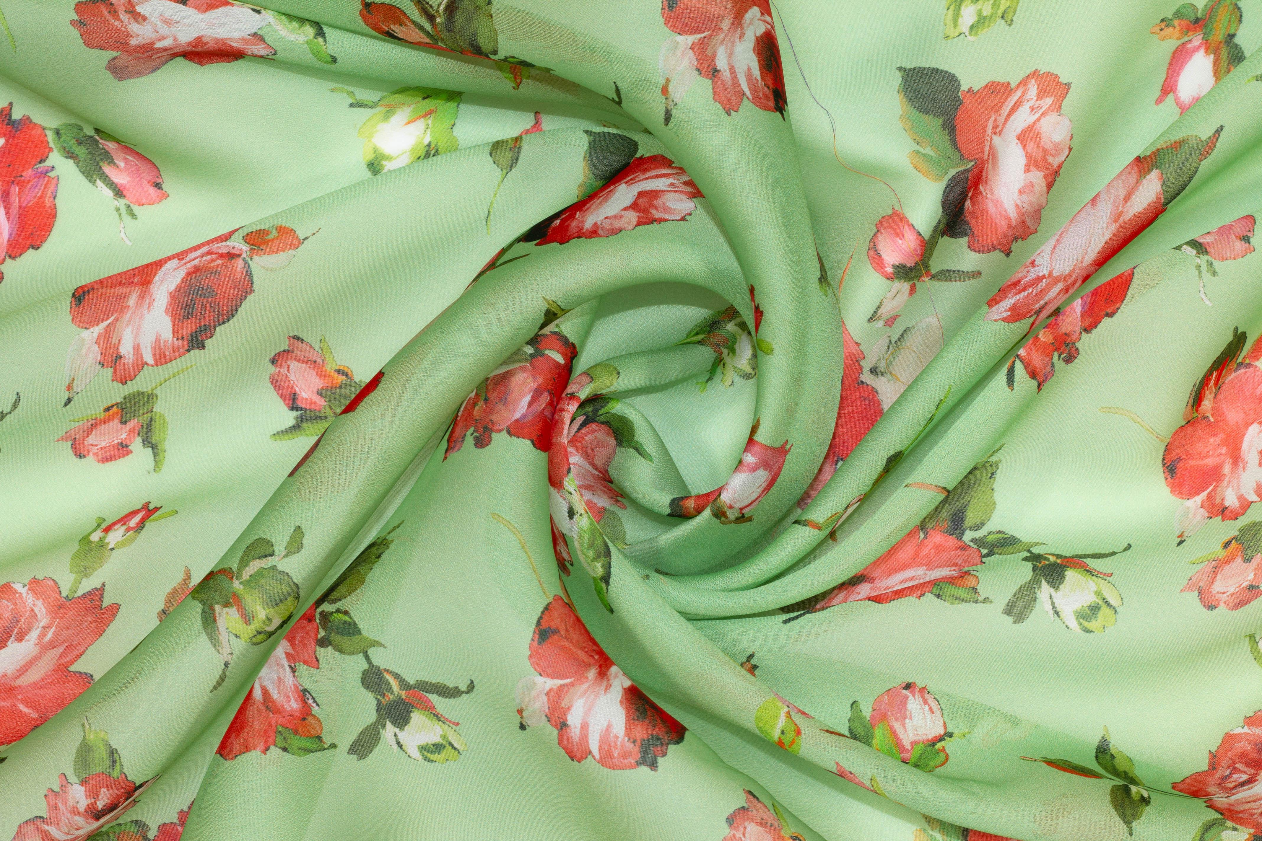 Green and Red Floral Silk Organza - Prime Fabrics