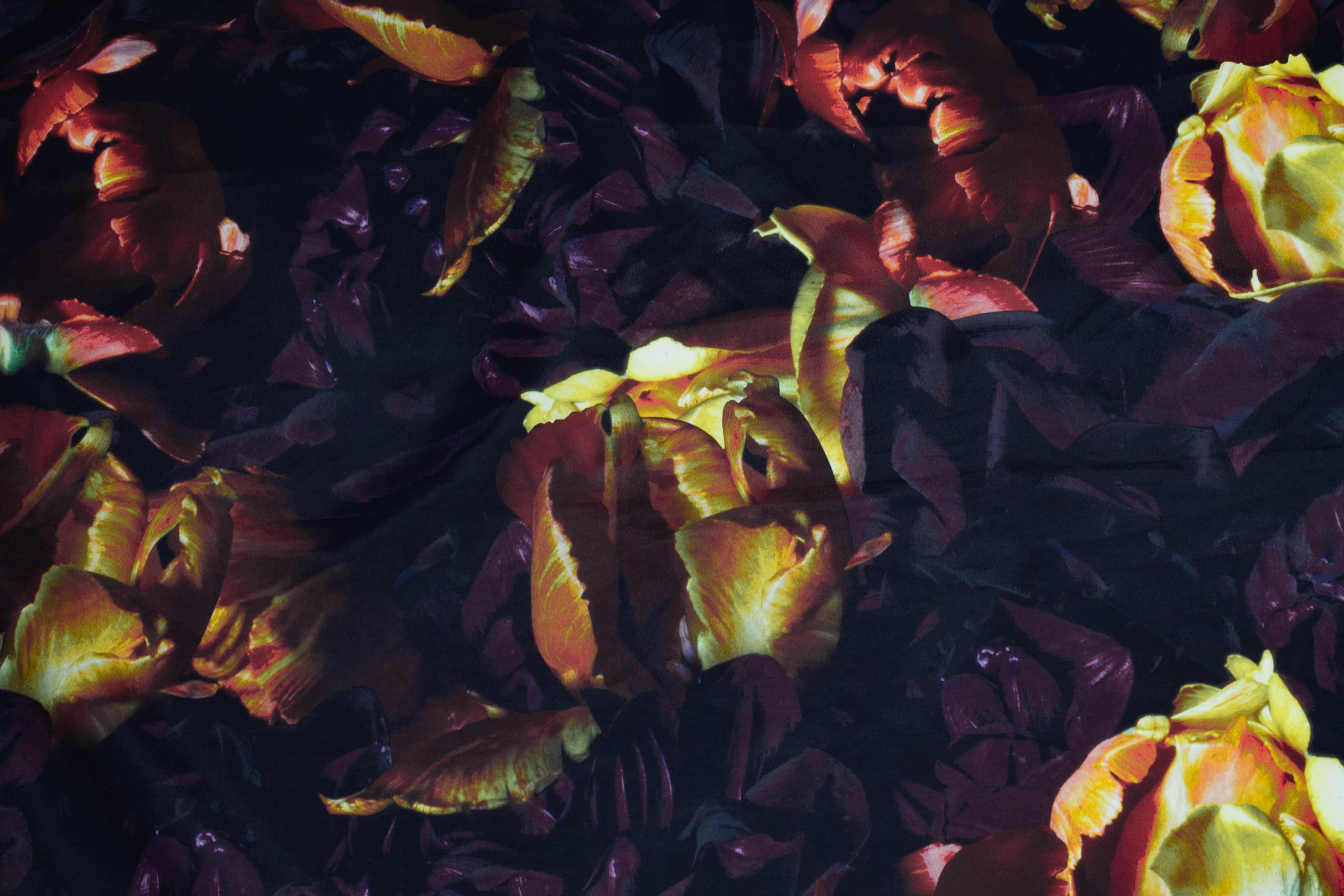 Dark Floral French Polyester - Yellow, Orange, Purple - Prime Fabrics