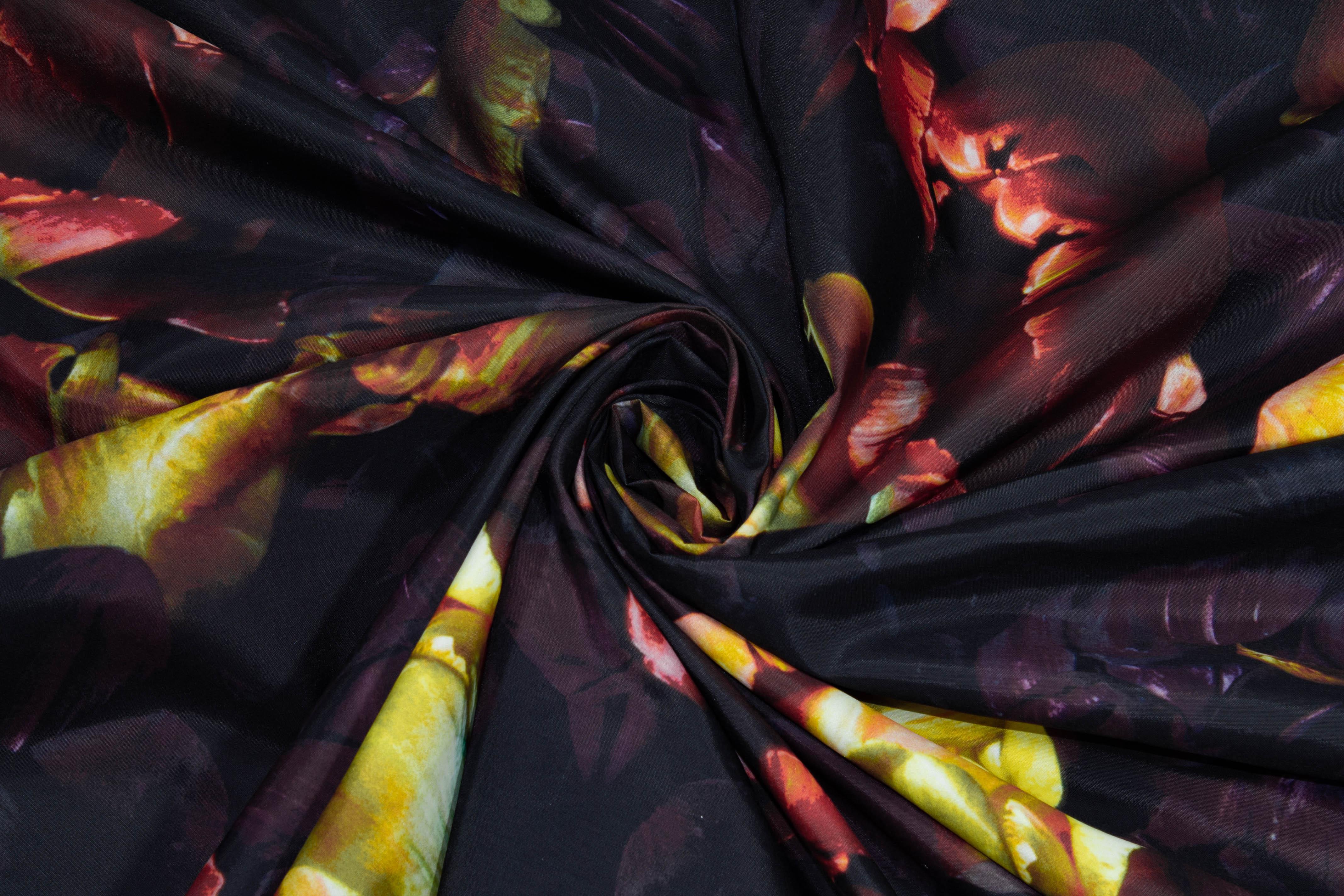 Dark Floral French Polyester - Yellow, Orange, Purple - Prime Fabrics
