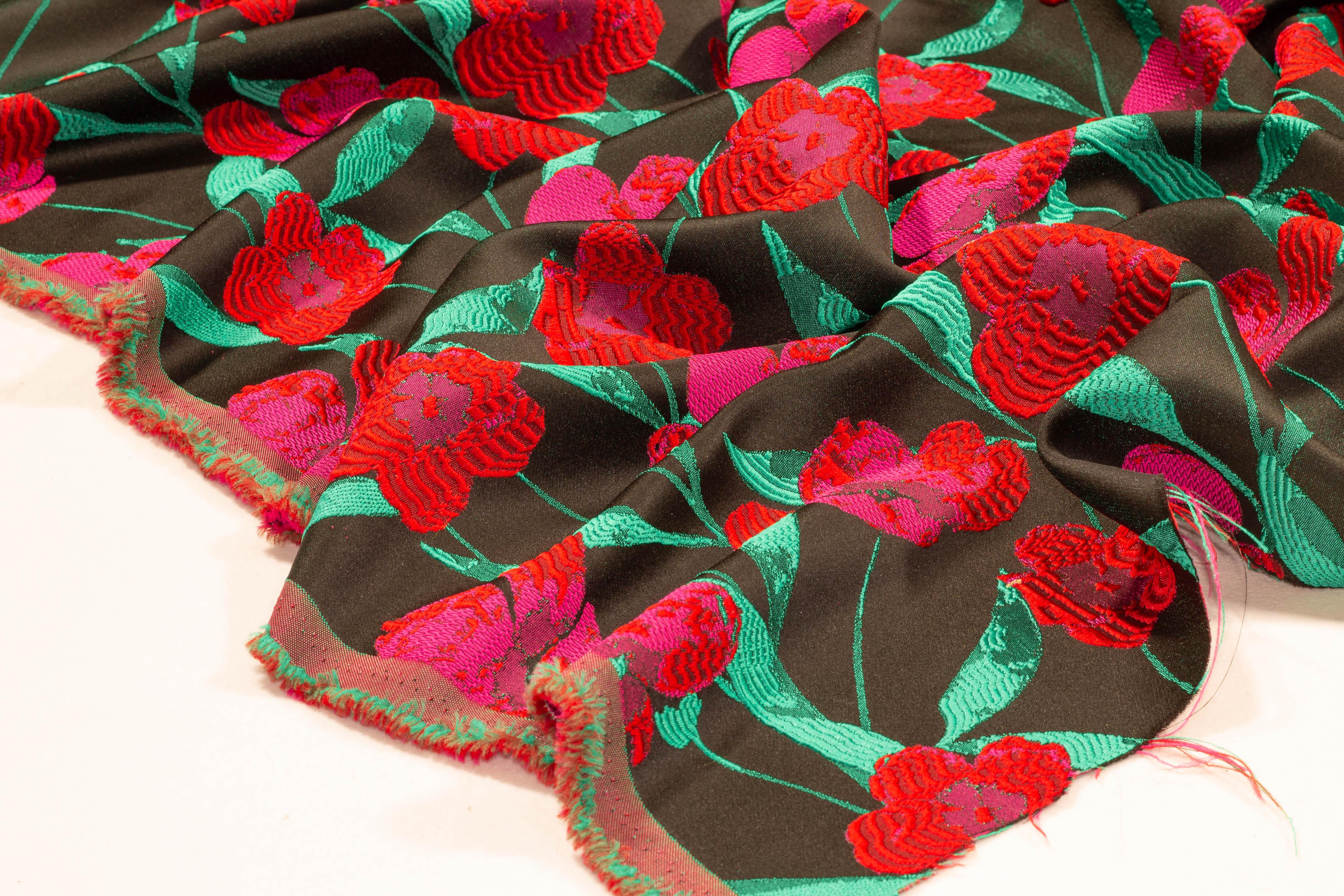 Red and Green Floral Brocade - Prime Fabrics