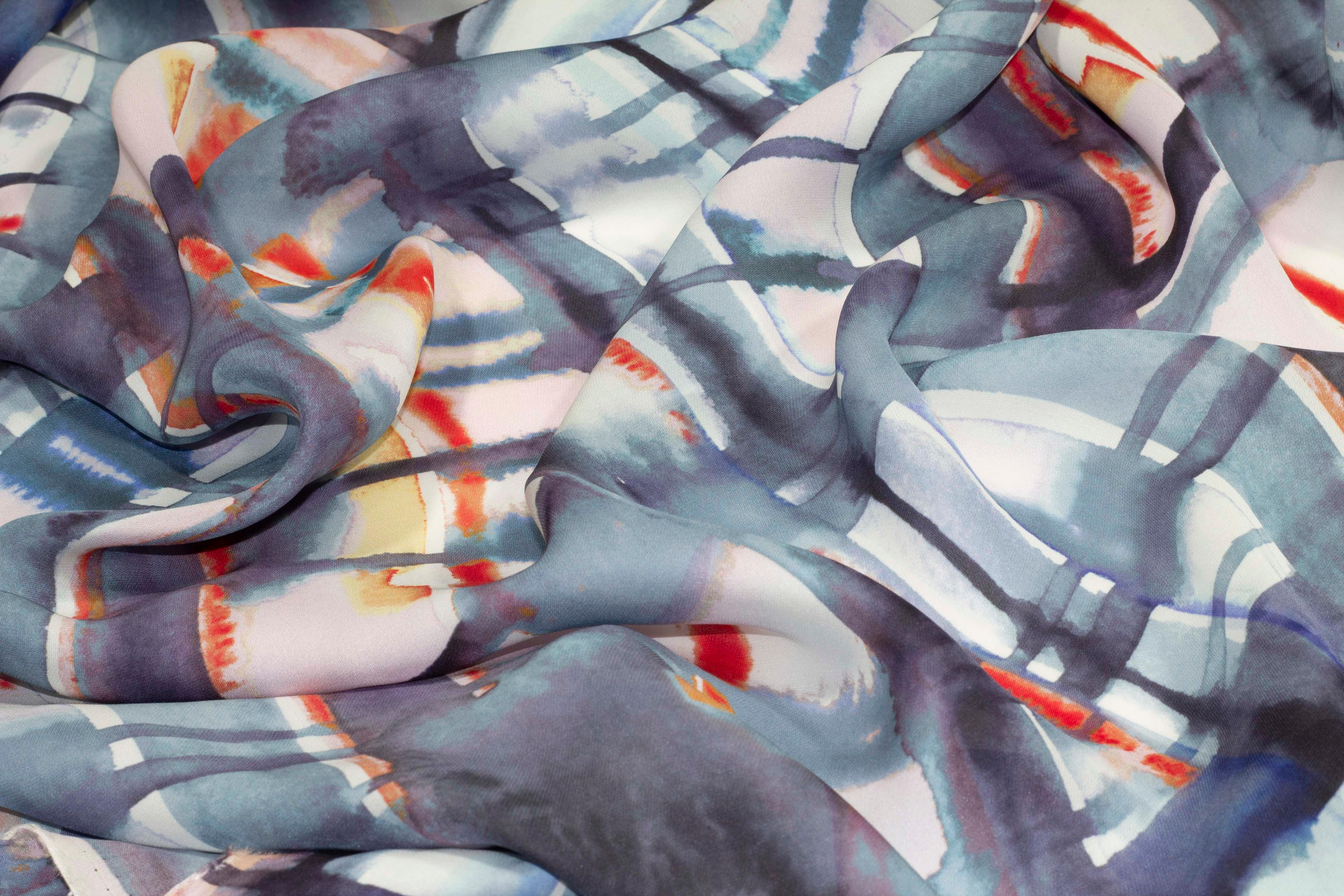 Blue Abstract Silk Crepe De Chine - Prime Fabrics
