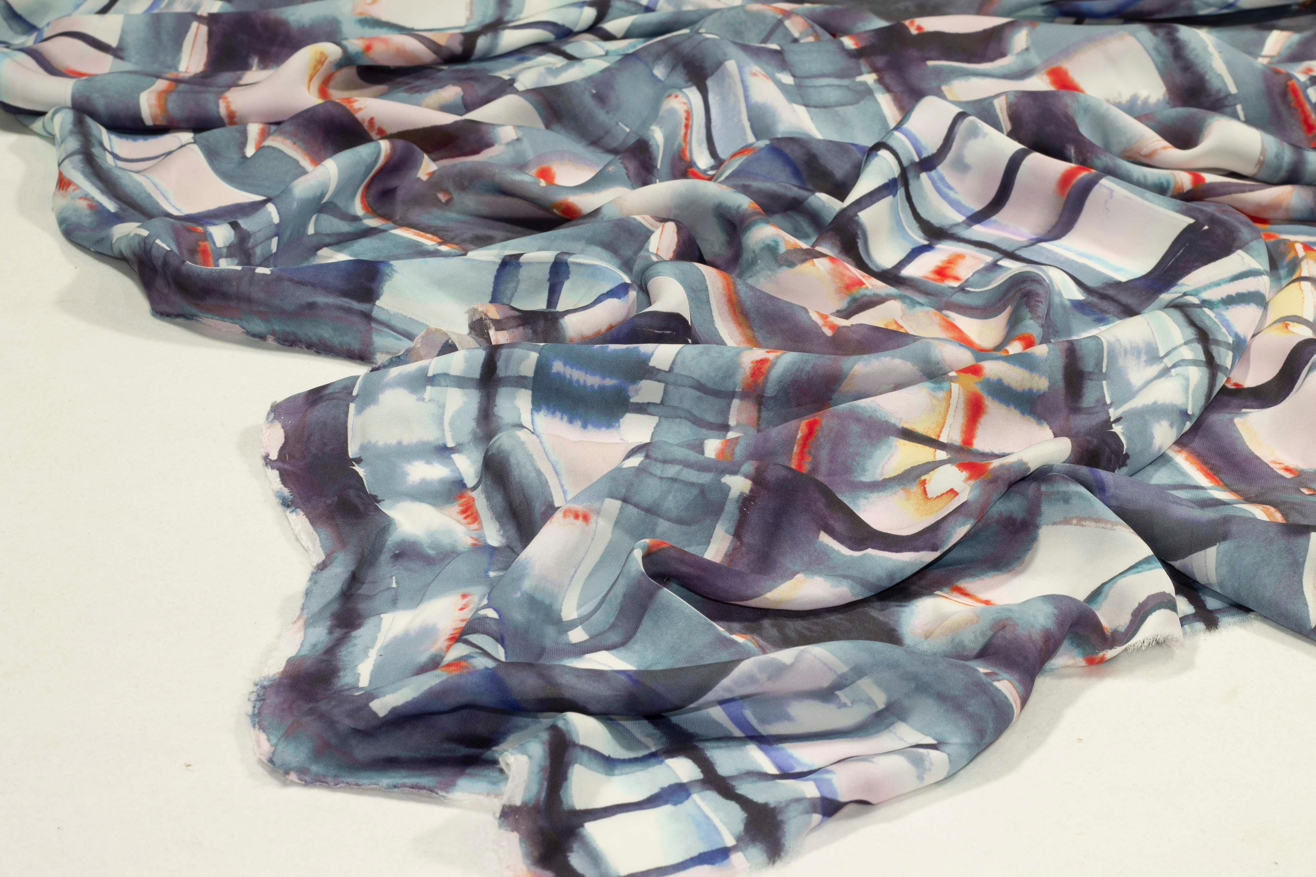 Blue Abstract Silk Crepe De Chine - Prime Fabrics
