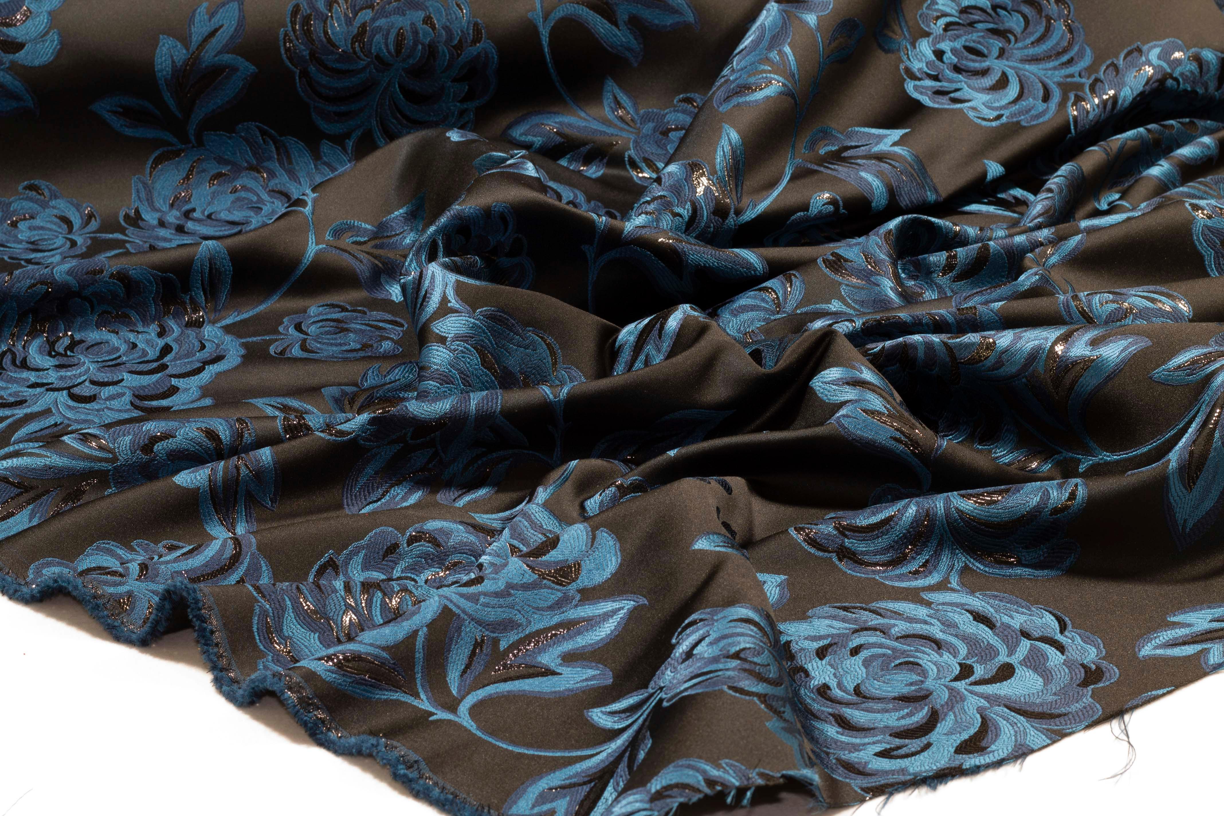 Black and Blue Floral Metallic Brocade - Prime Fabrics