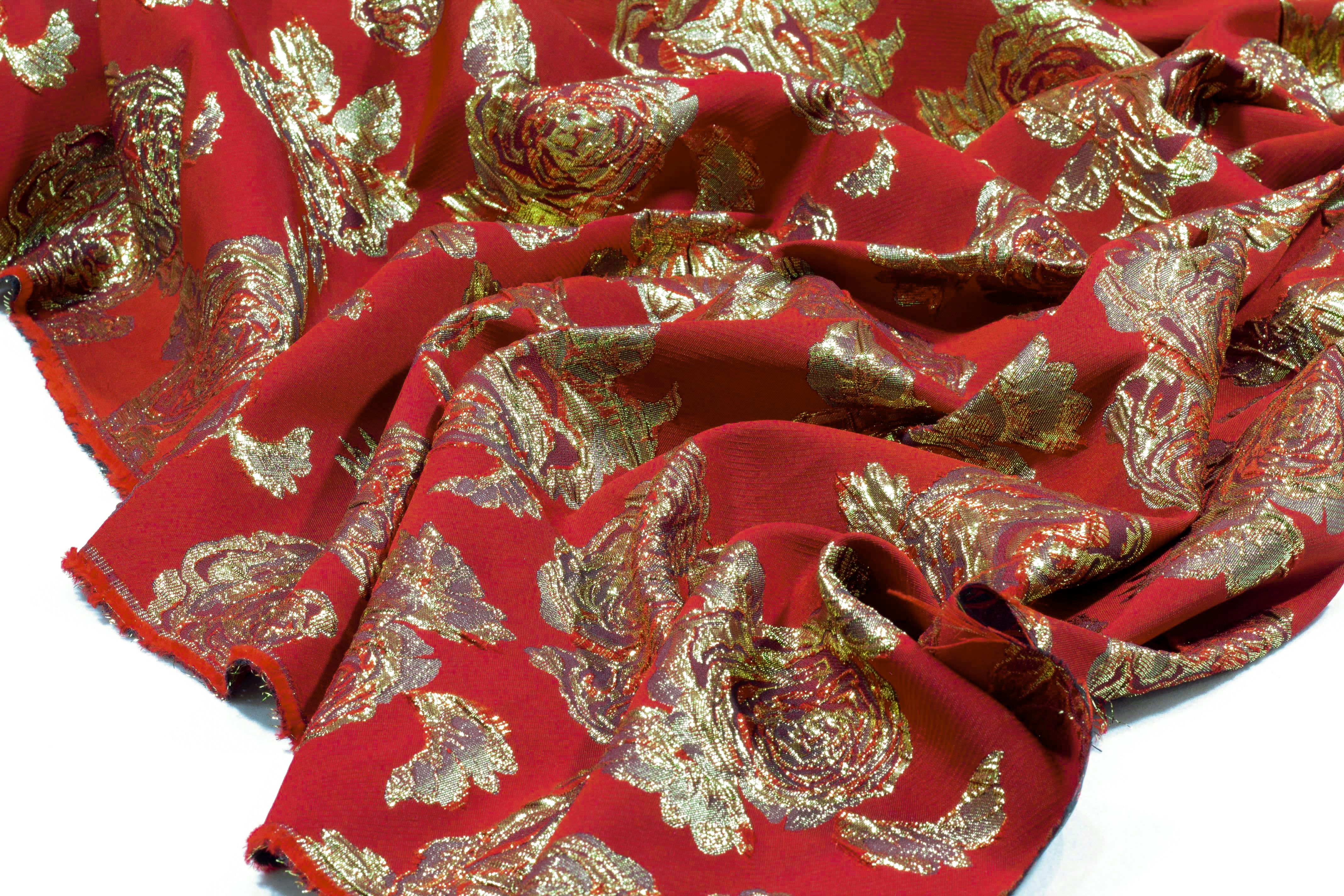 Red and Gold Floral Metallic Crushed Brocade - Prime Fabrics