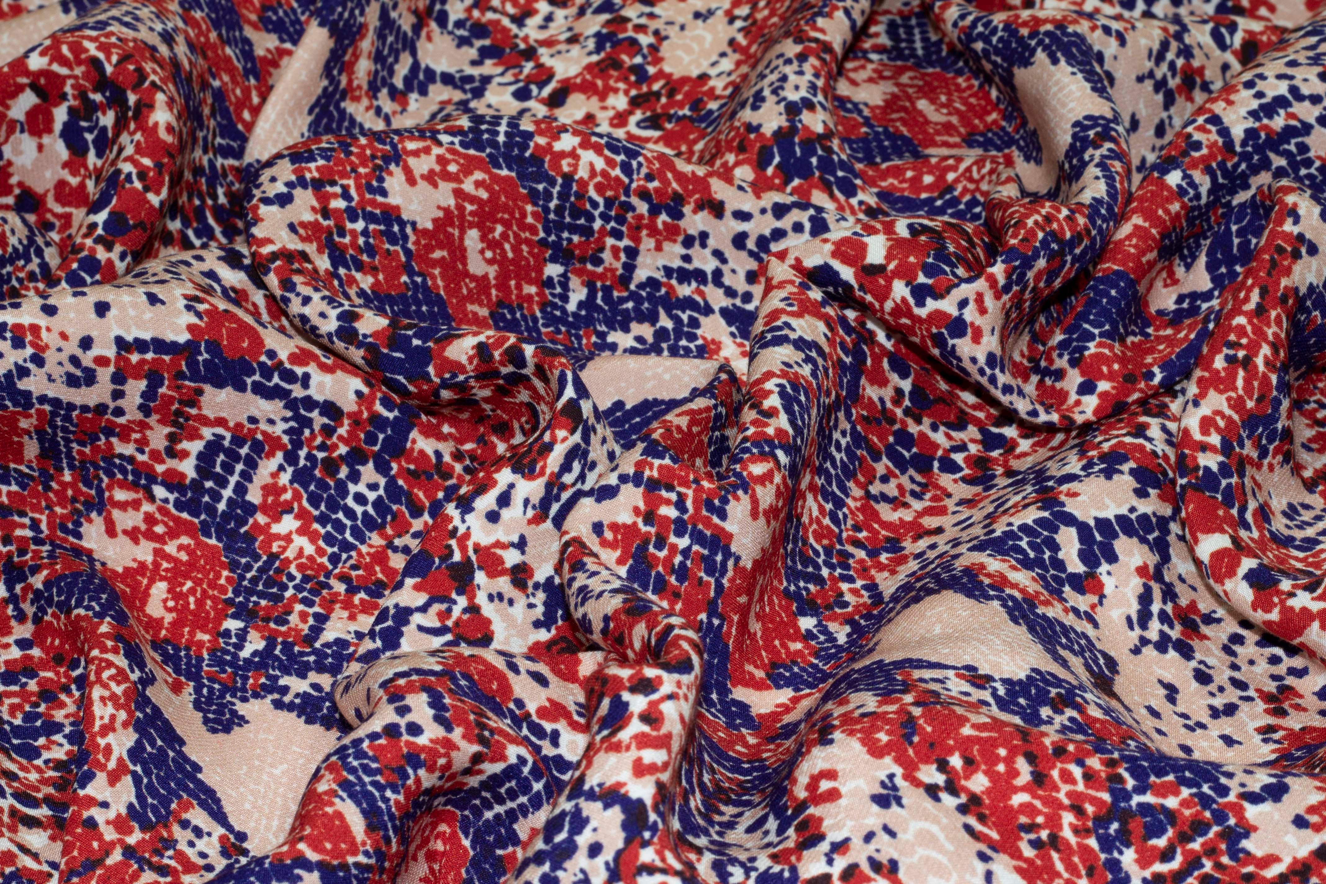 Navy, Red, and Peach Abstract Viscose - Prime Fabrics