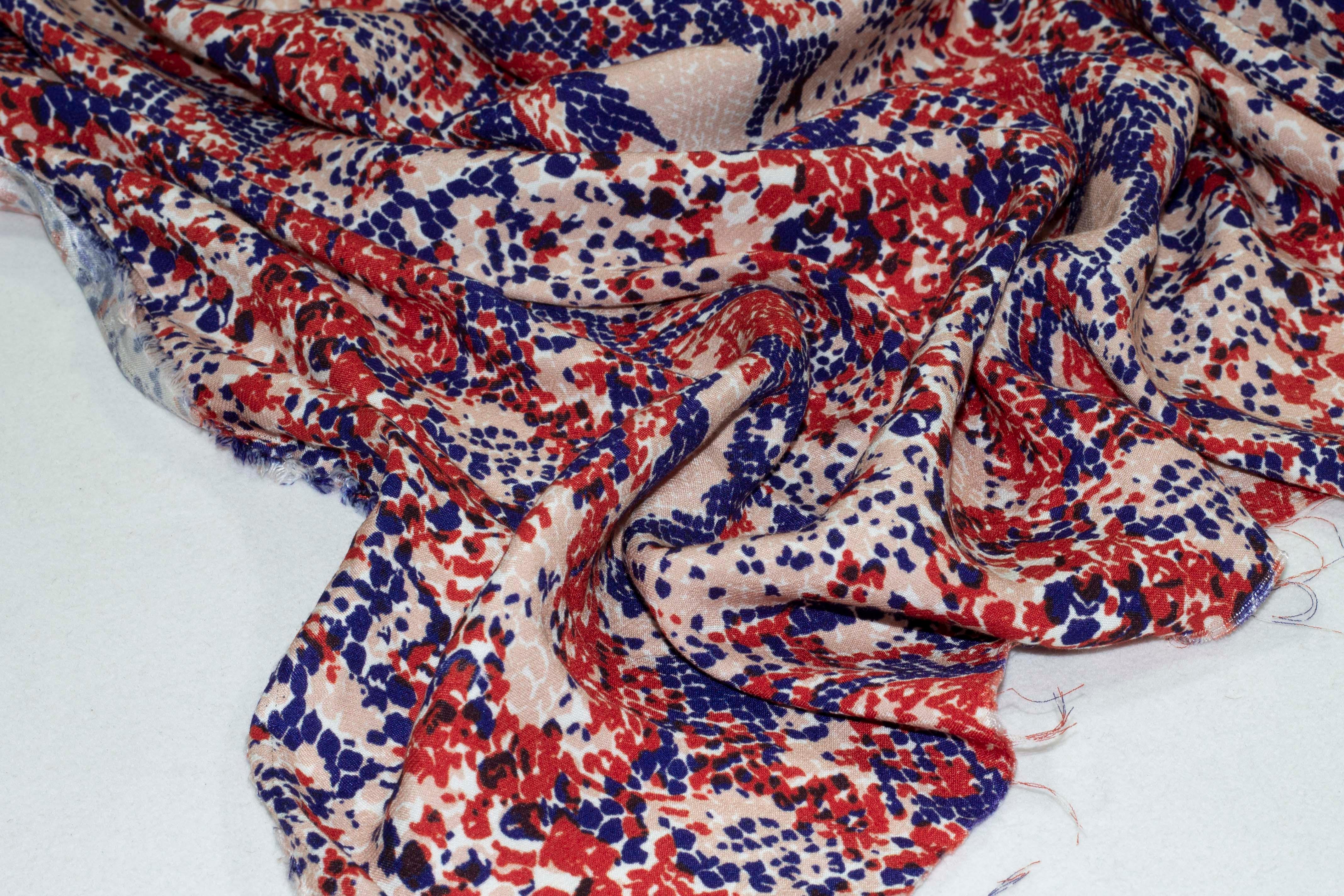 Navy, Red, and Peach Abstract Viscose - Prime Fabrics