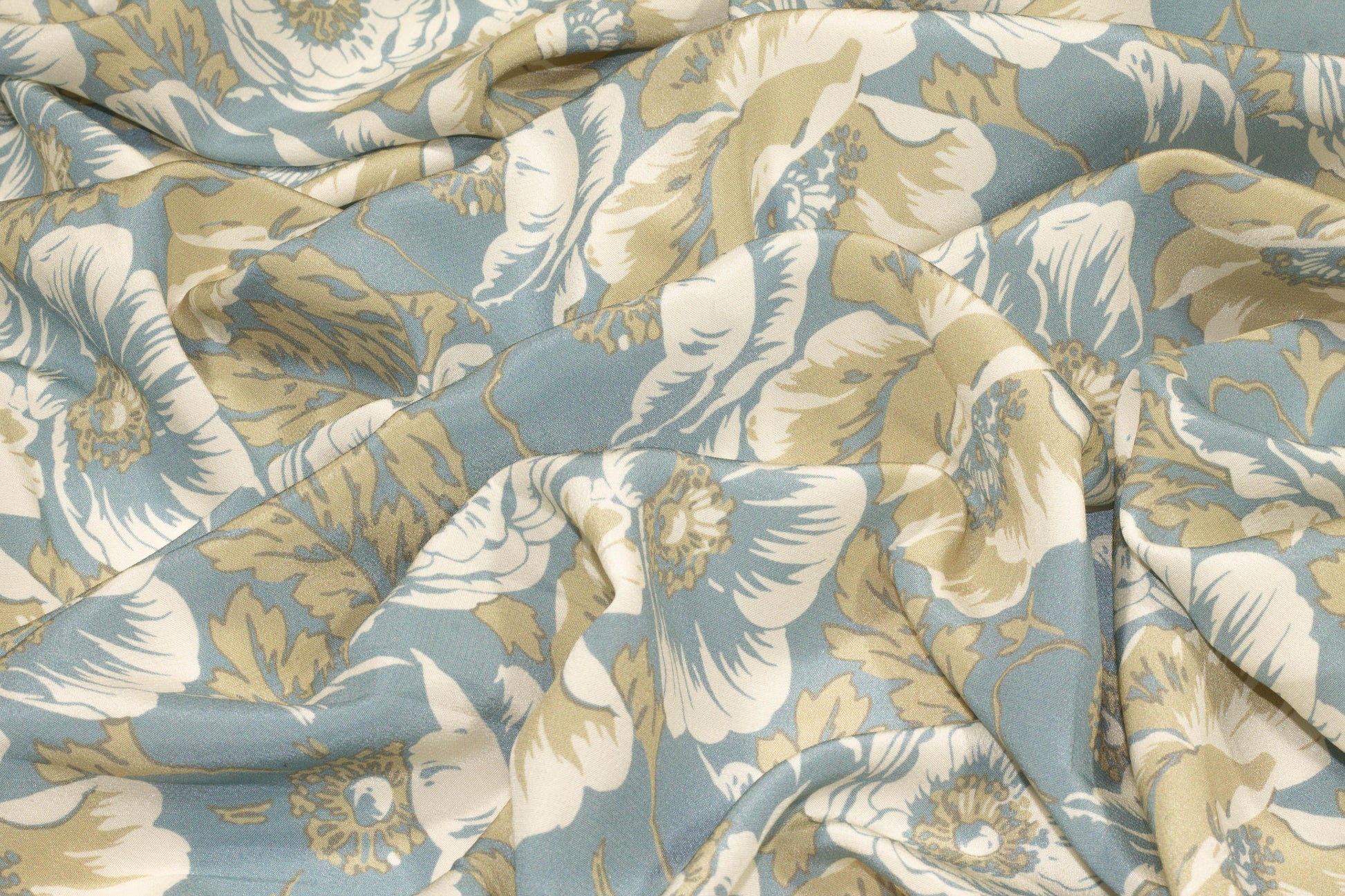 Khaki Green and Blue Floral Silk Crepe De Chine - Prime Fabrics