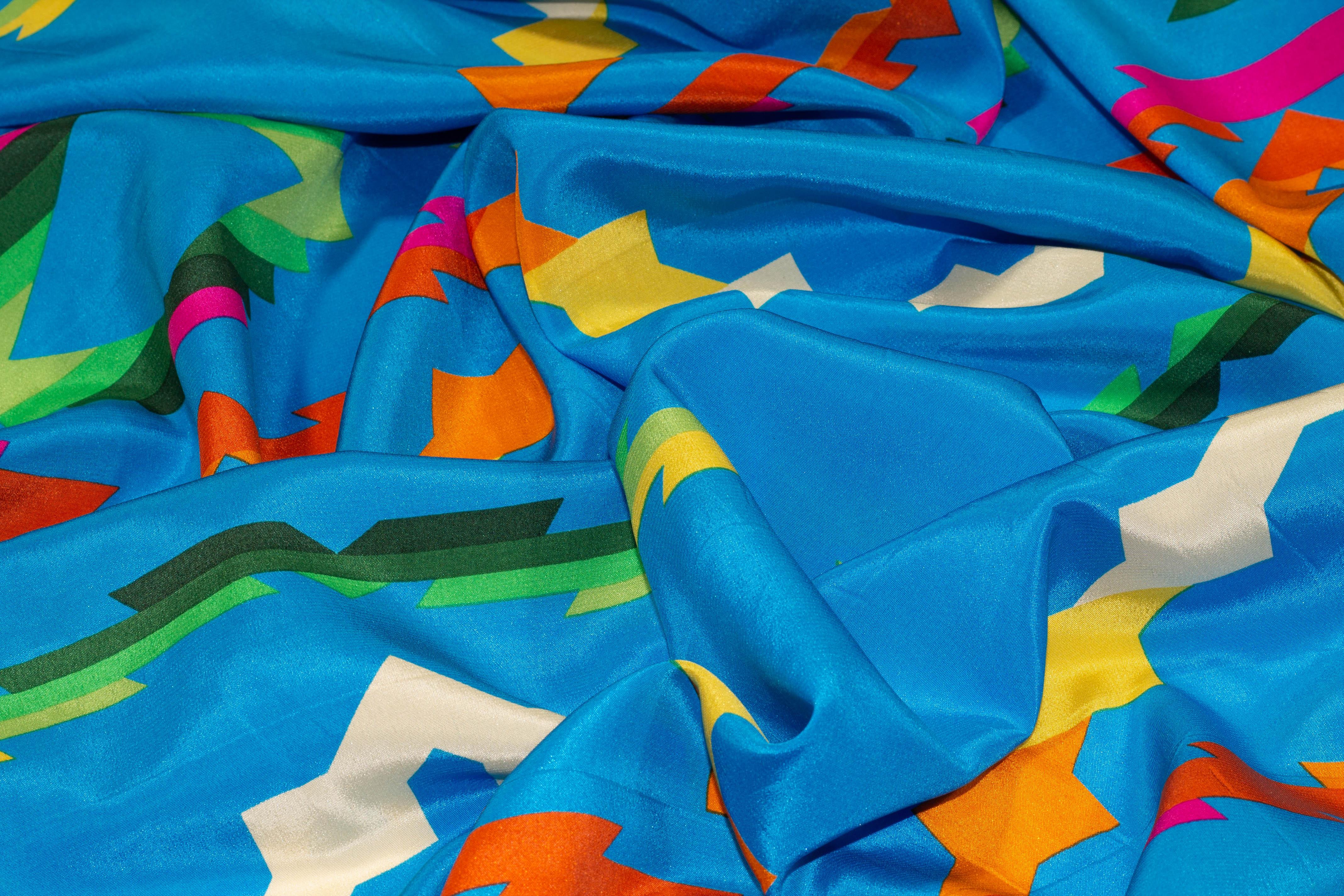 Multicolor Abstract Silk Crepe de Chine - Blue - Prime Fabrics