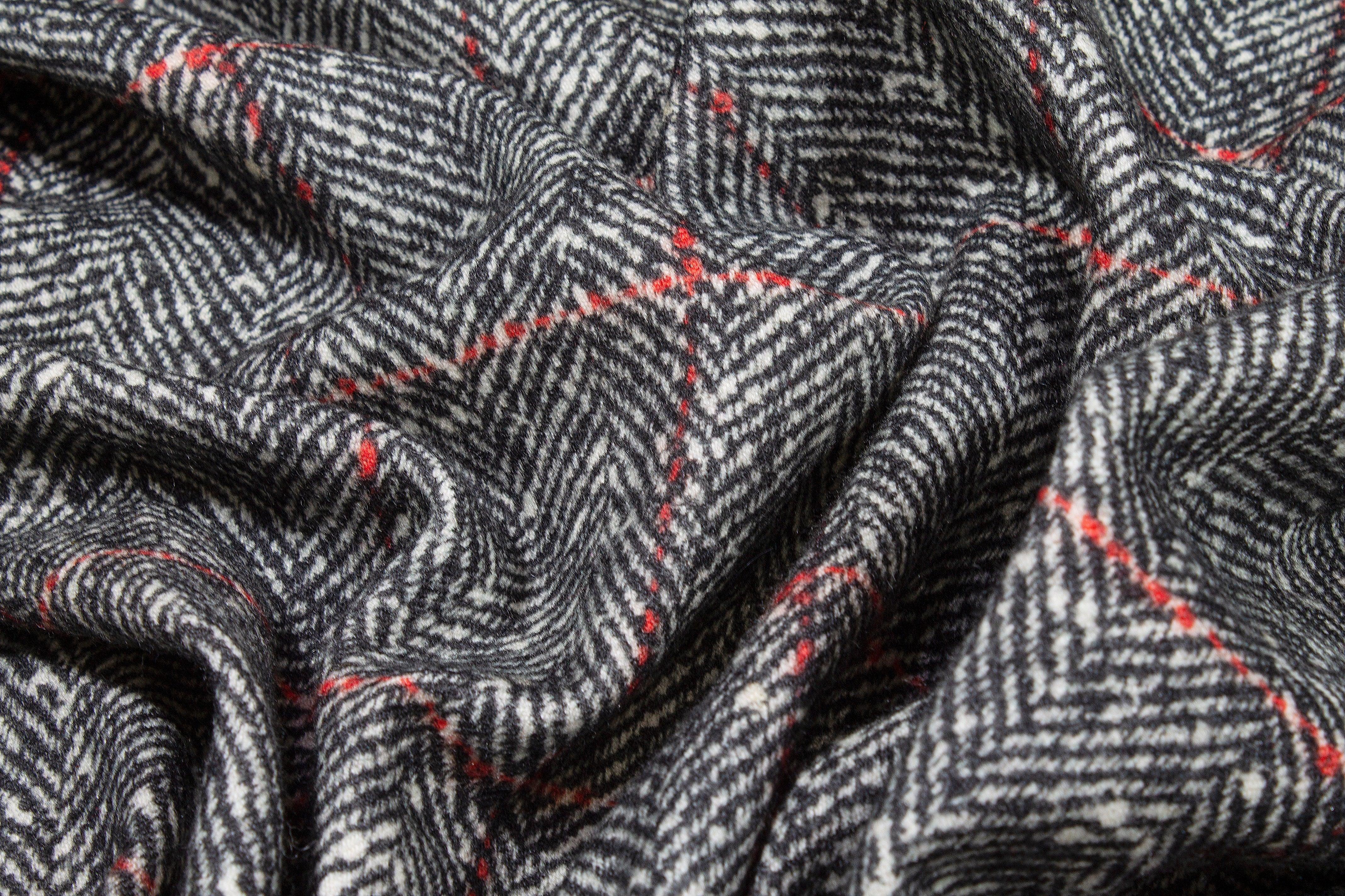 Gray Herringbone with Red Windowpane Italian Wool Coating - Prime Fabrics