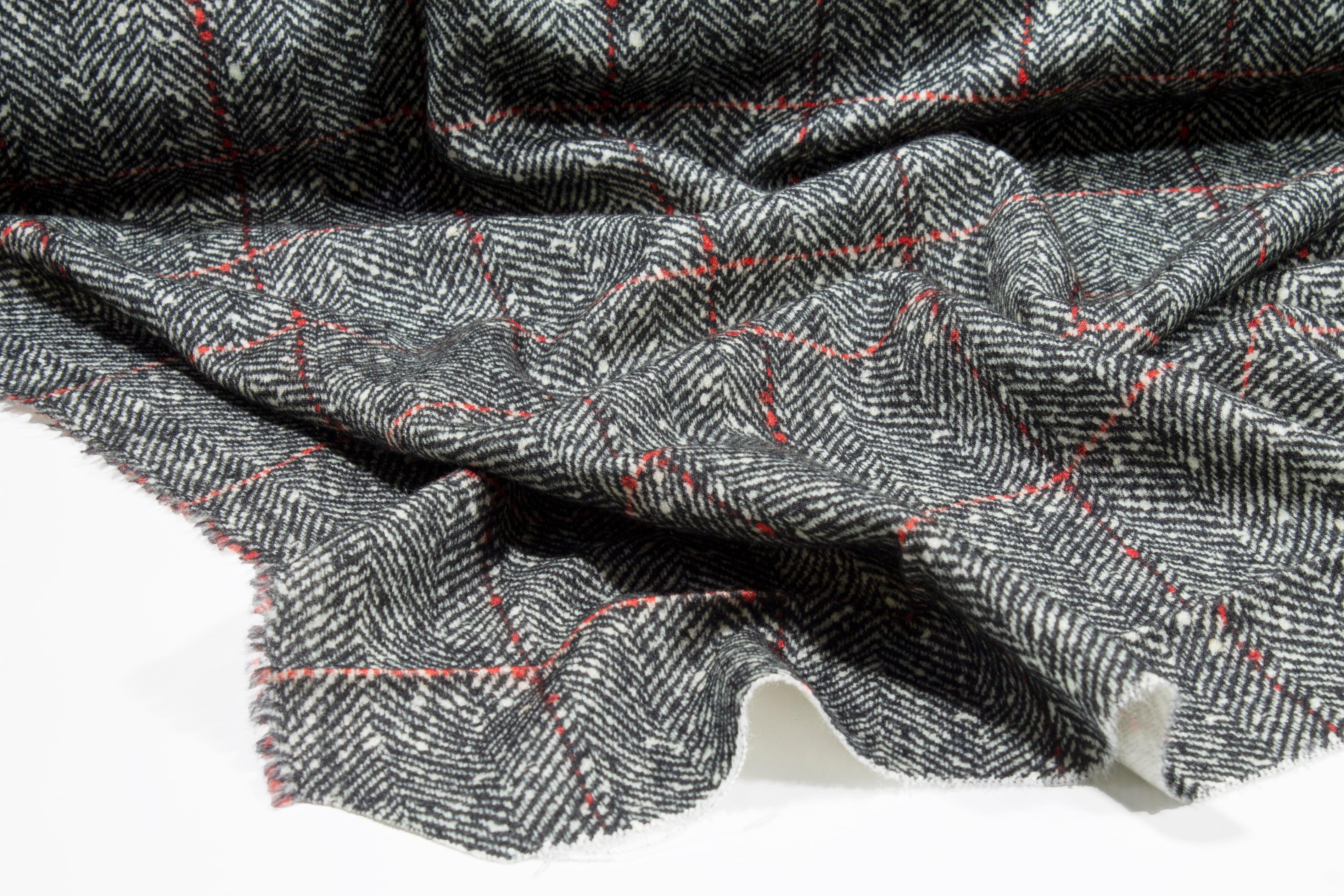 Gray Herringbone with Red Windowpane Italian Wool Coating - Prime Fabrics