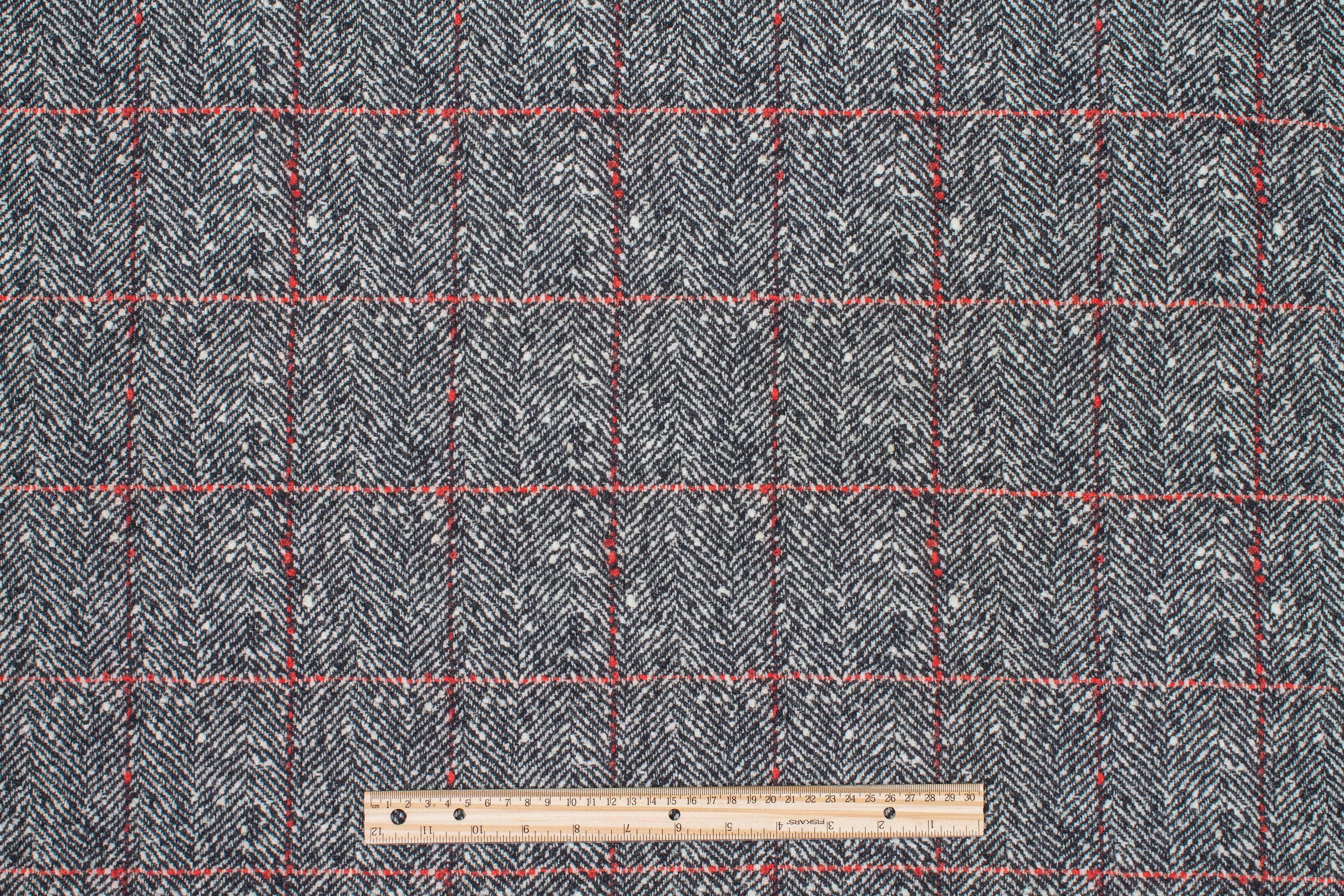 Gray Herringbone with Red Windowpane Italian Wool Coating - Prime Fabrics