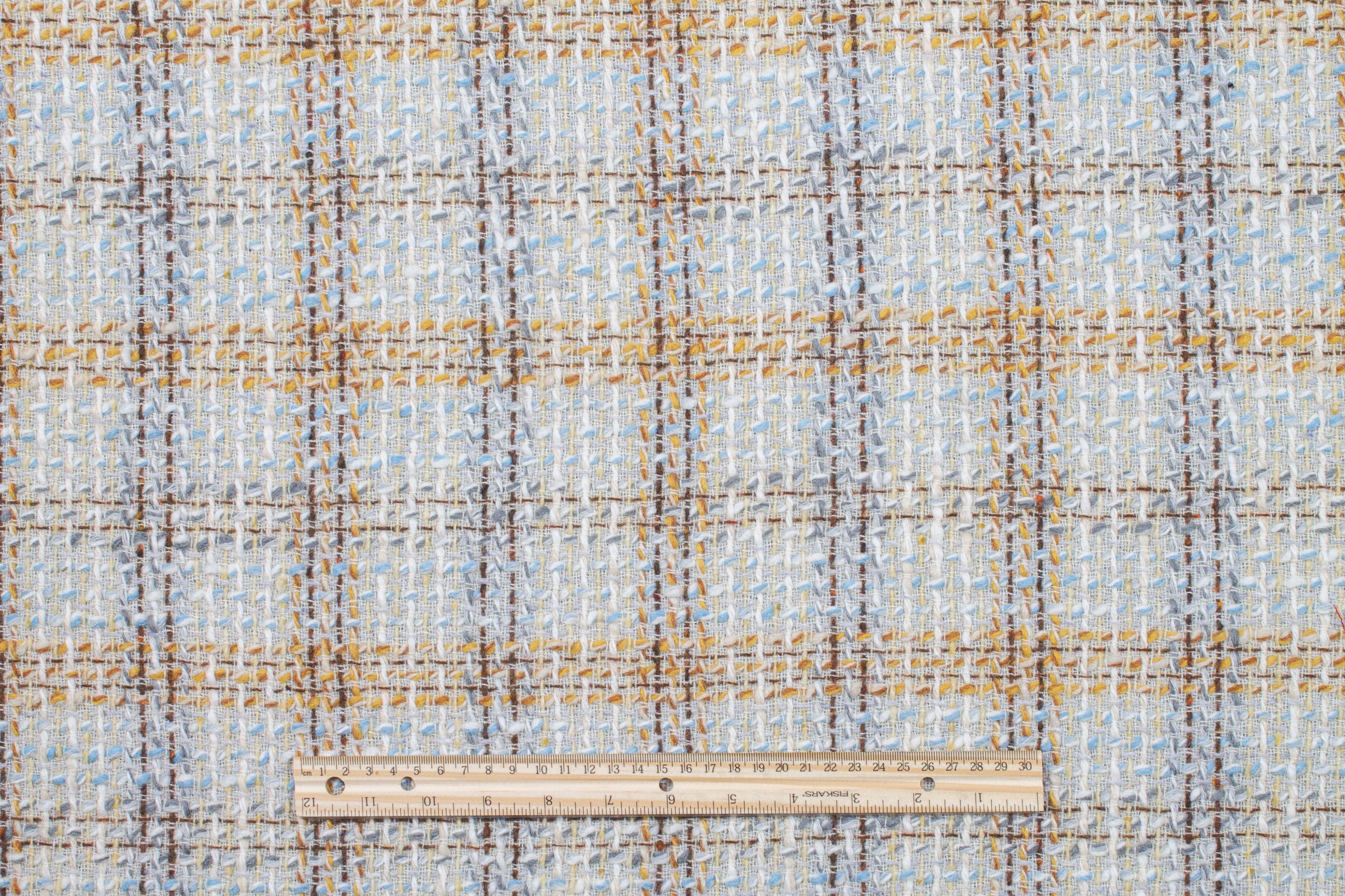 Italian Checked Wool Tweed Boucle - Off White, Yellow, Blue - Prime Fabrics