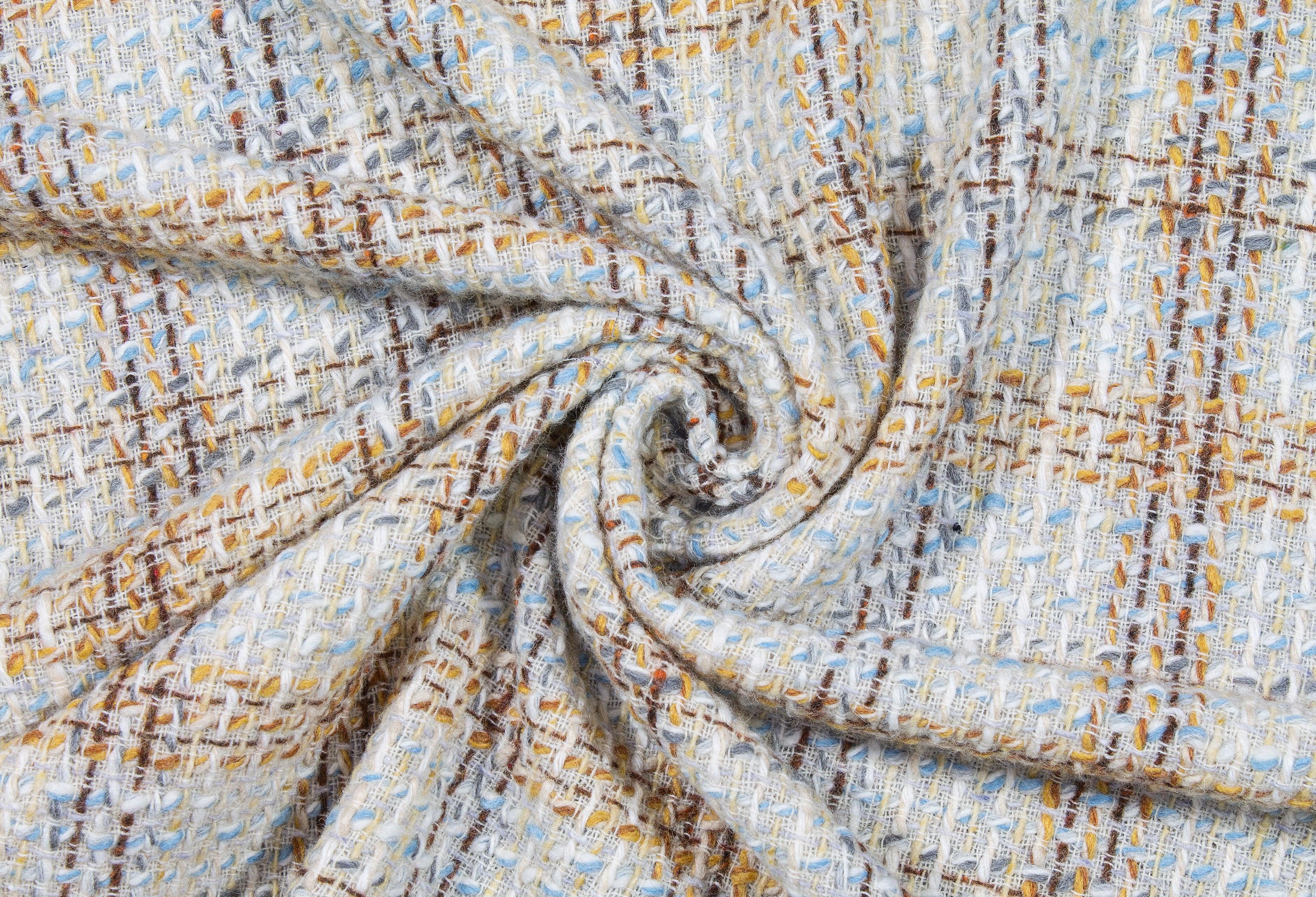 Italian Checked Wool Tweed Boucle - Off White, Yellow, Blue - Prime Fabrics