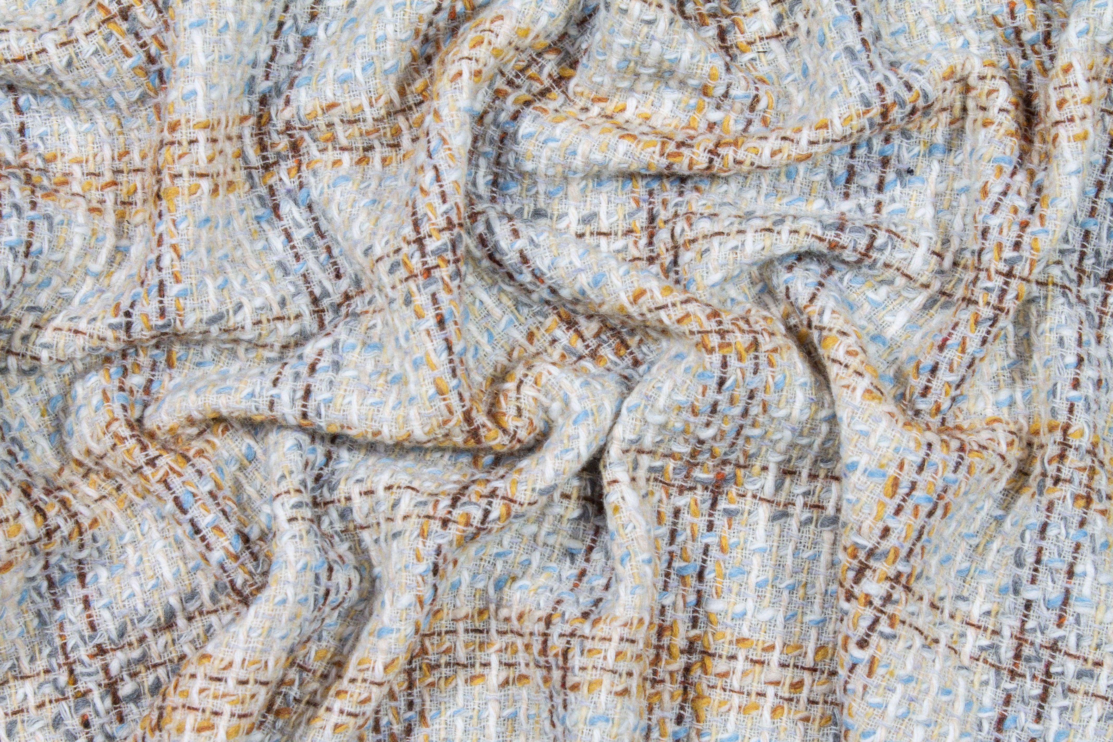 Italian Checked Wool Tweed Boucle - Off White, Yellow, Blue - Prime Fabrics