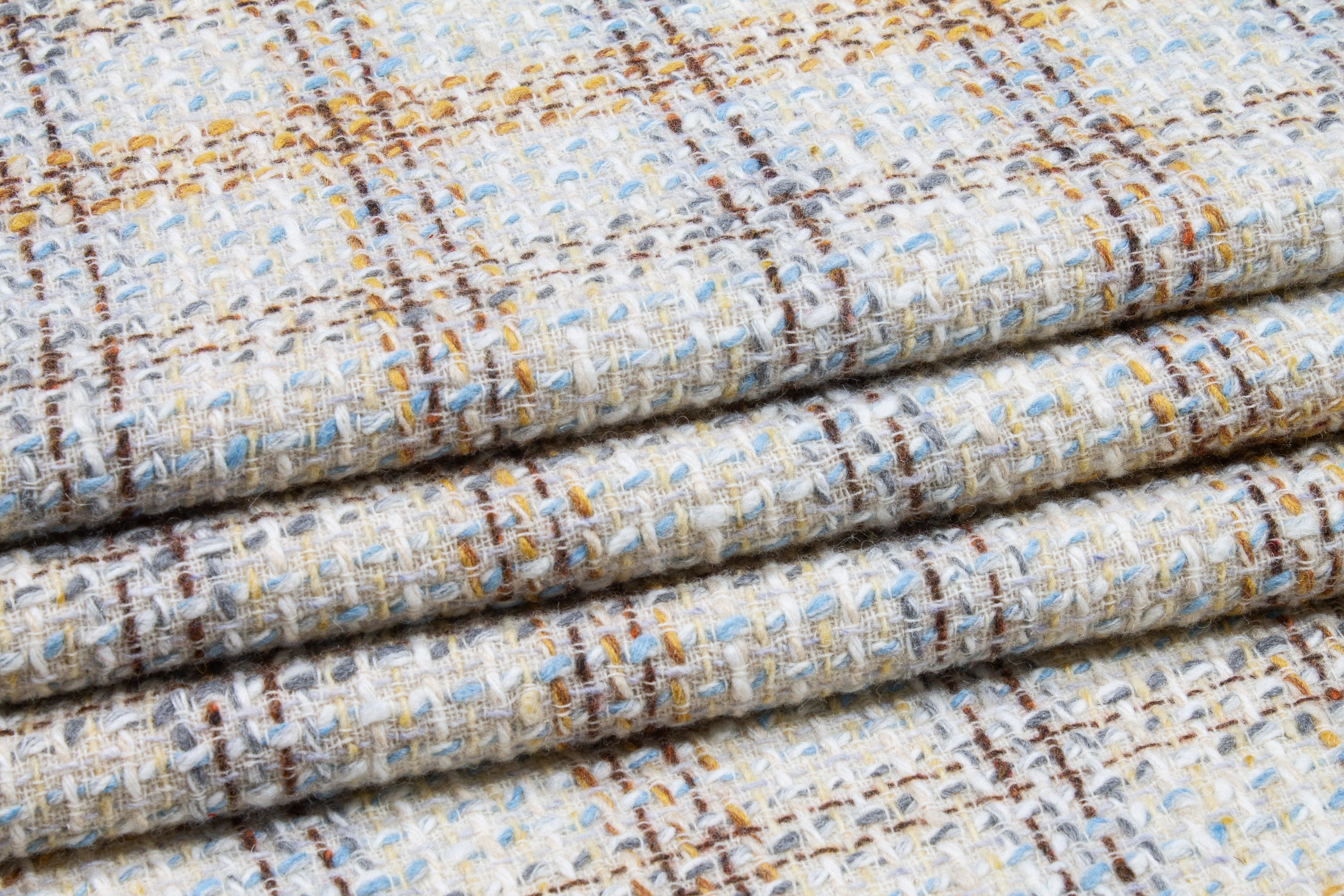 Italian Checked Wool Tweed Boucle - Off White, Yellow, Blue - Prime Fabrics