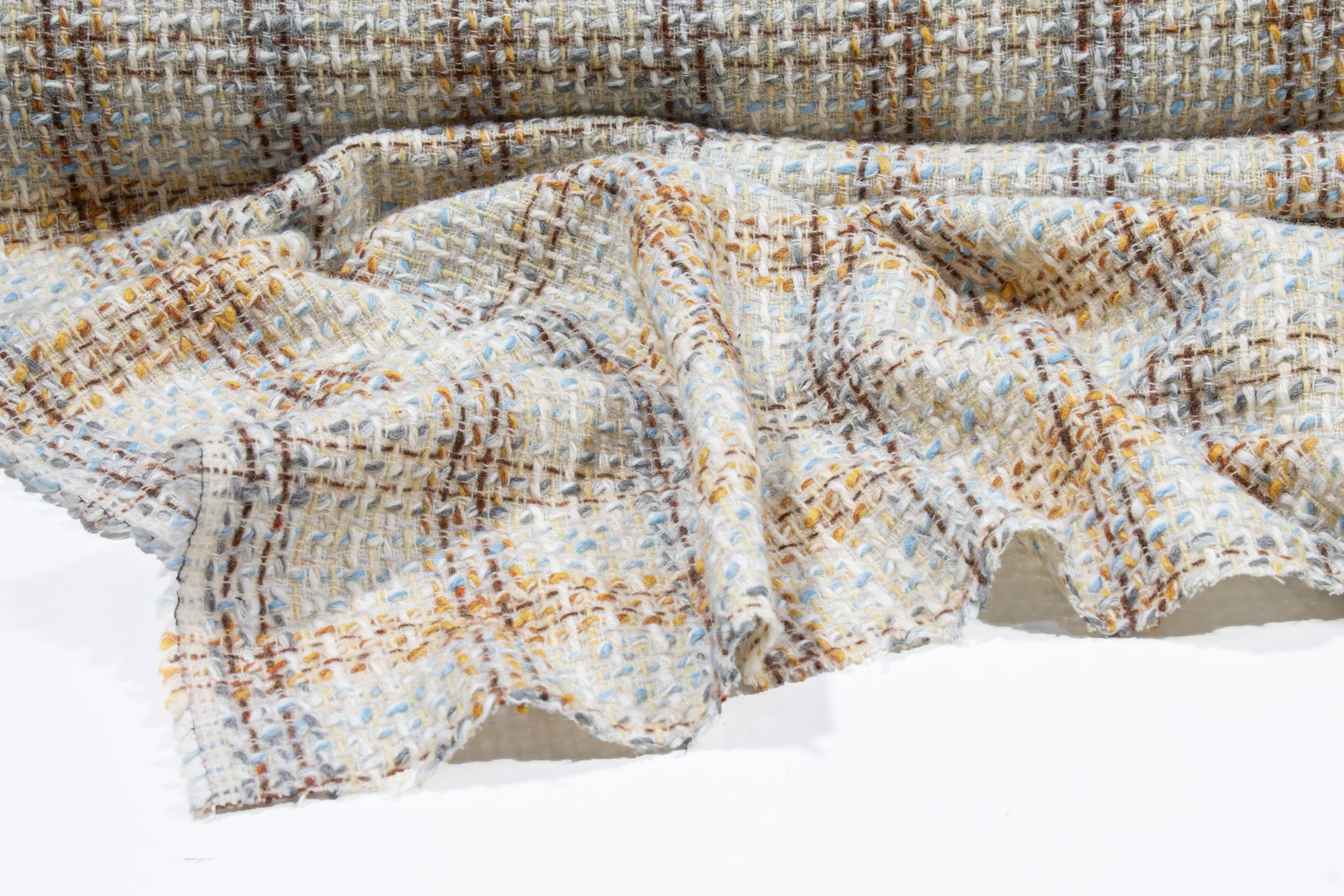 Italian Checked Wool Tweed Boucle - Off White, Yellow, Blue - Prime Fabrics