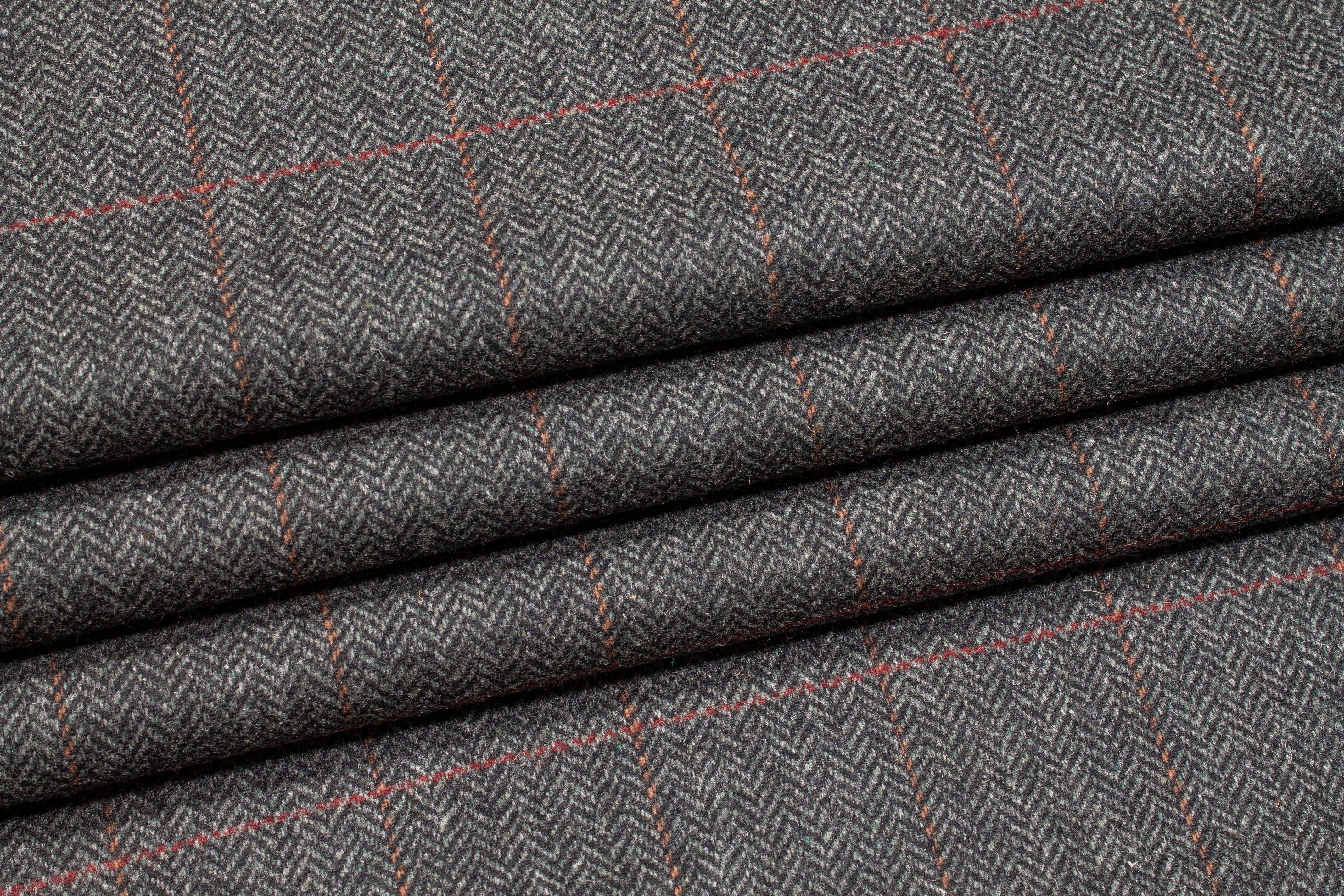 Dark Gray Herringbone Windowpane Wool Coating - Prime Fabrics