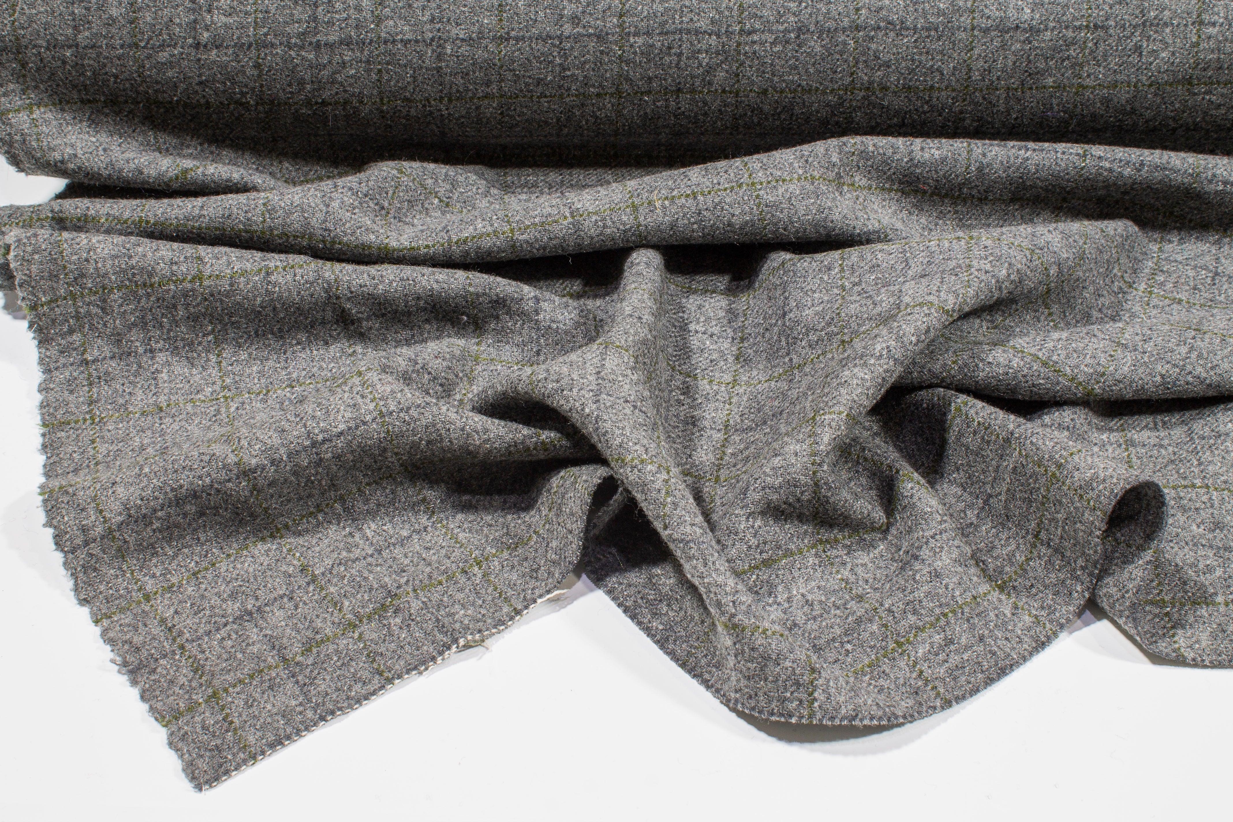 Windowpane Italian Wool - Gray and Olive Green - Prime Fabrics