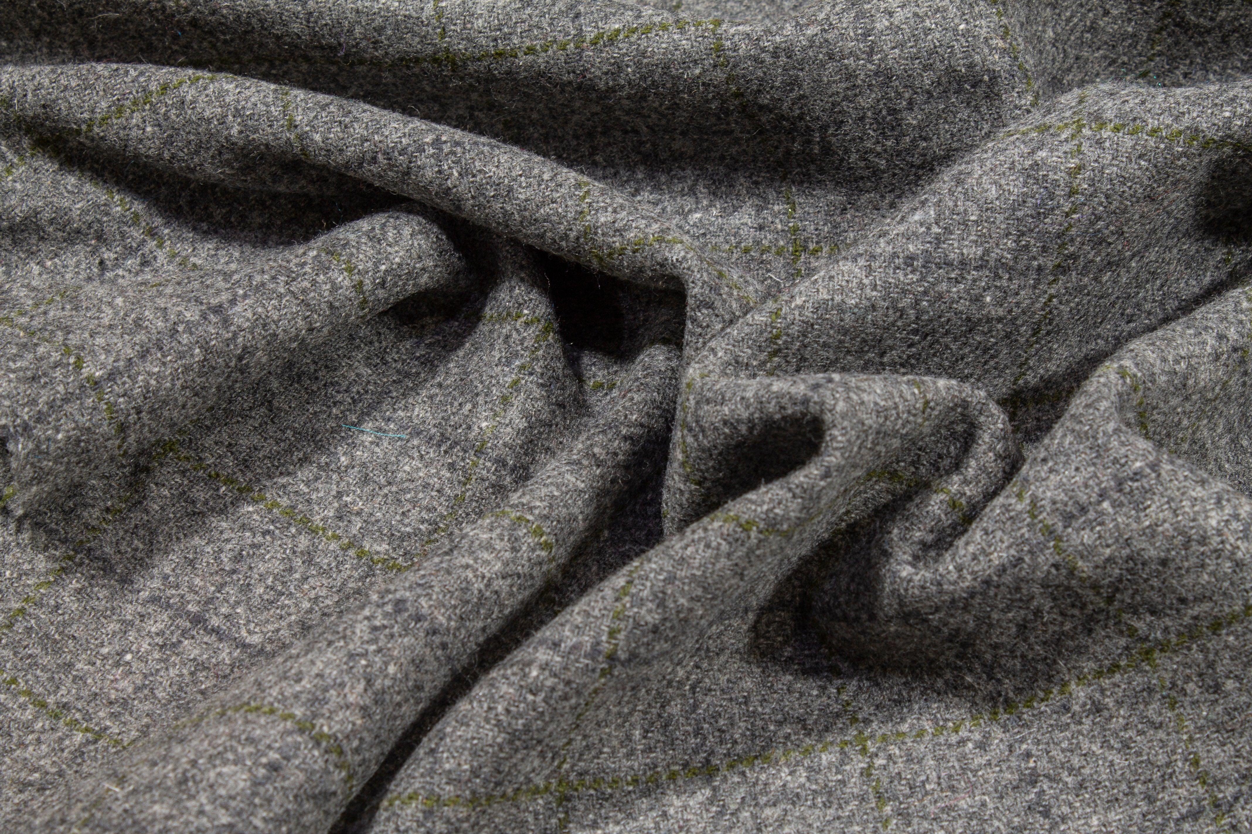 Windowpane Italian Wool - Gray and Olive Green - Prime Fabrics
