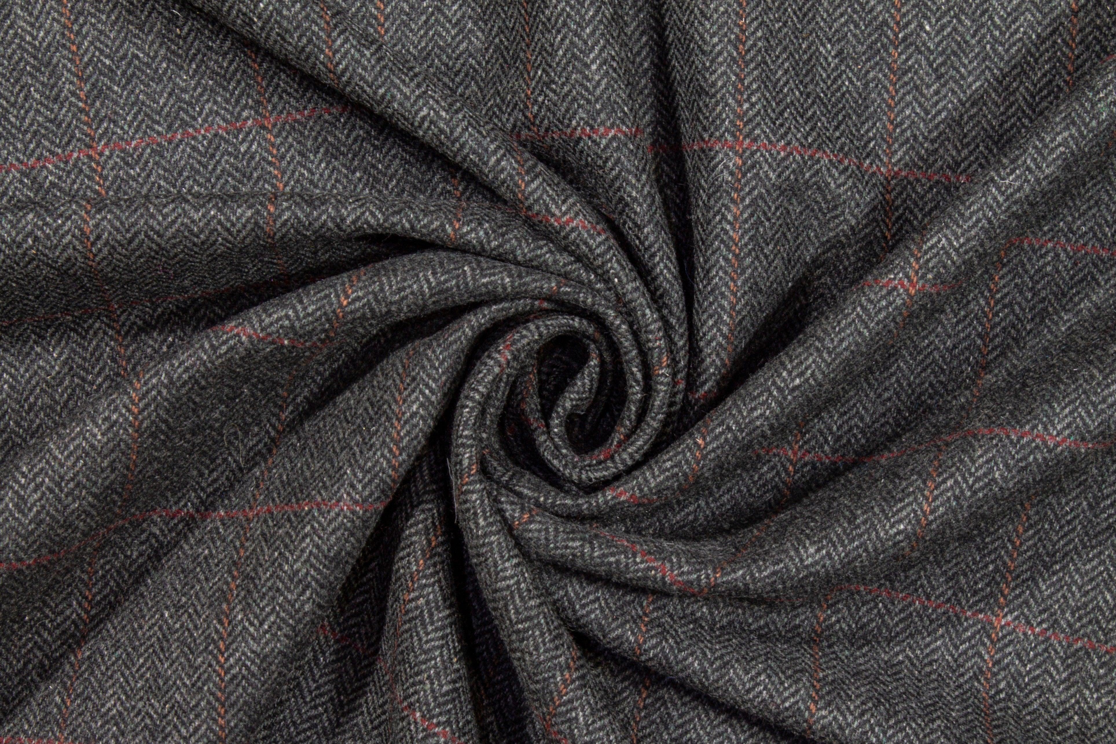 Dark Gray Herringbone Windowpane Wool Coating - Prime Fabrics