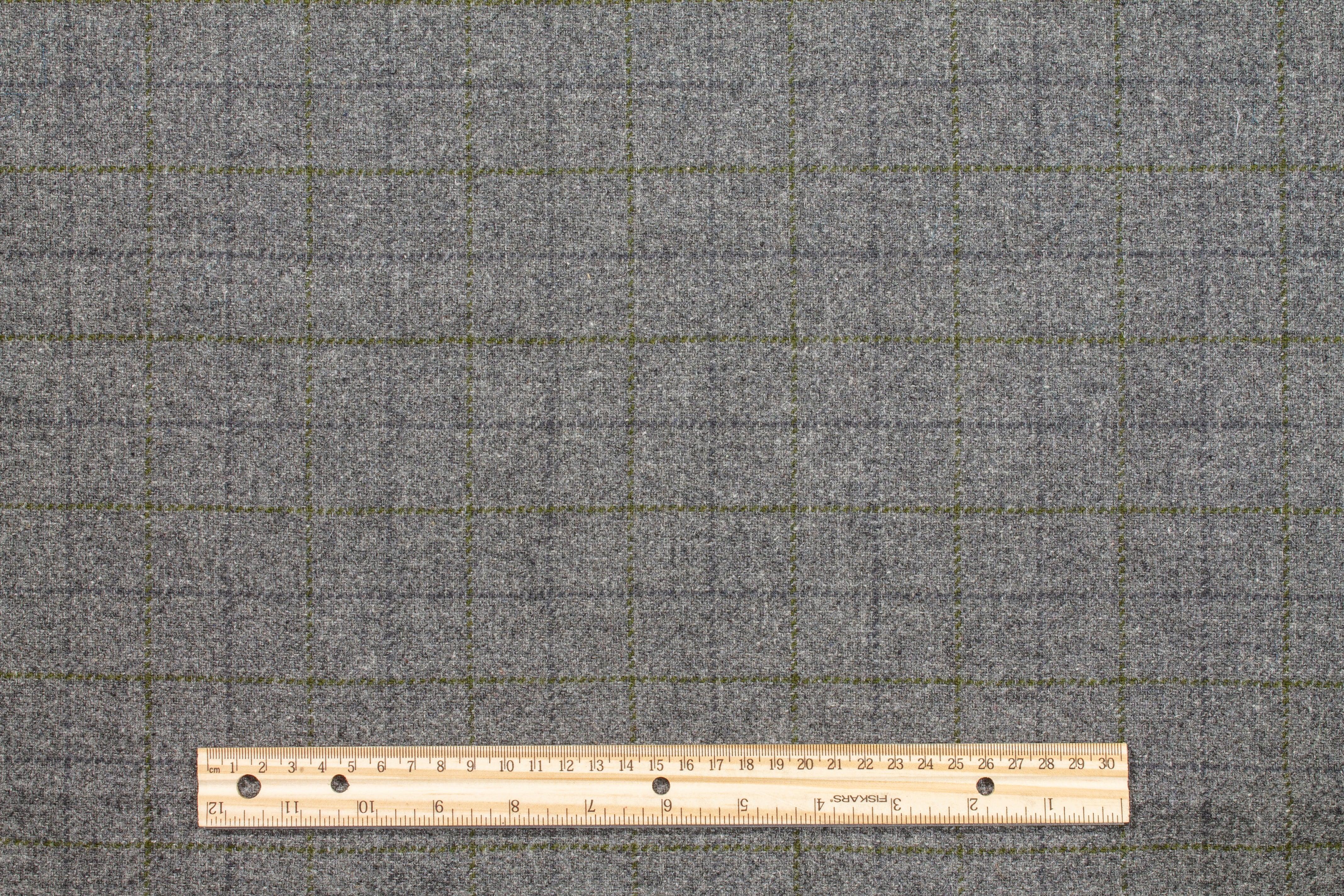 Windowpane Italian Wool - Gray and Olive Green - Prime Fabrics