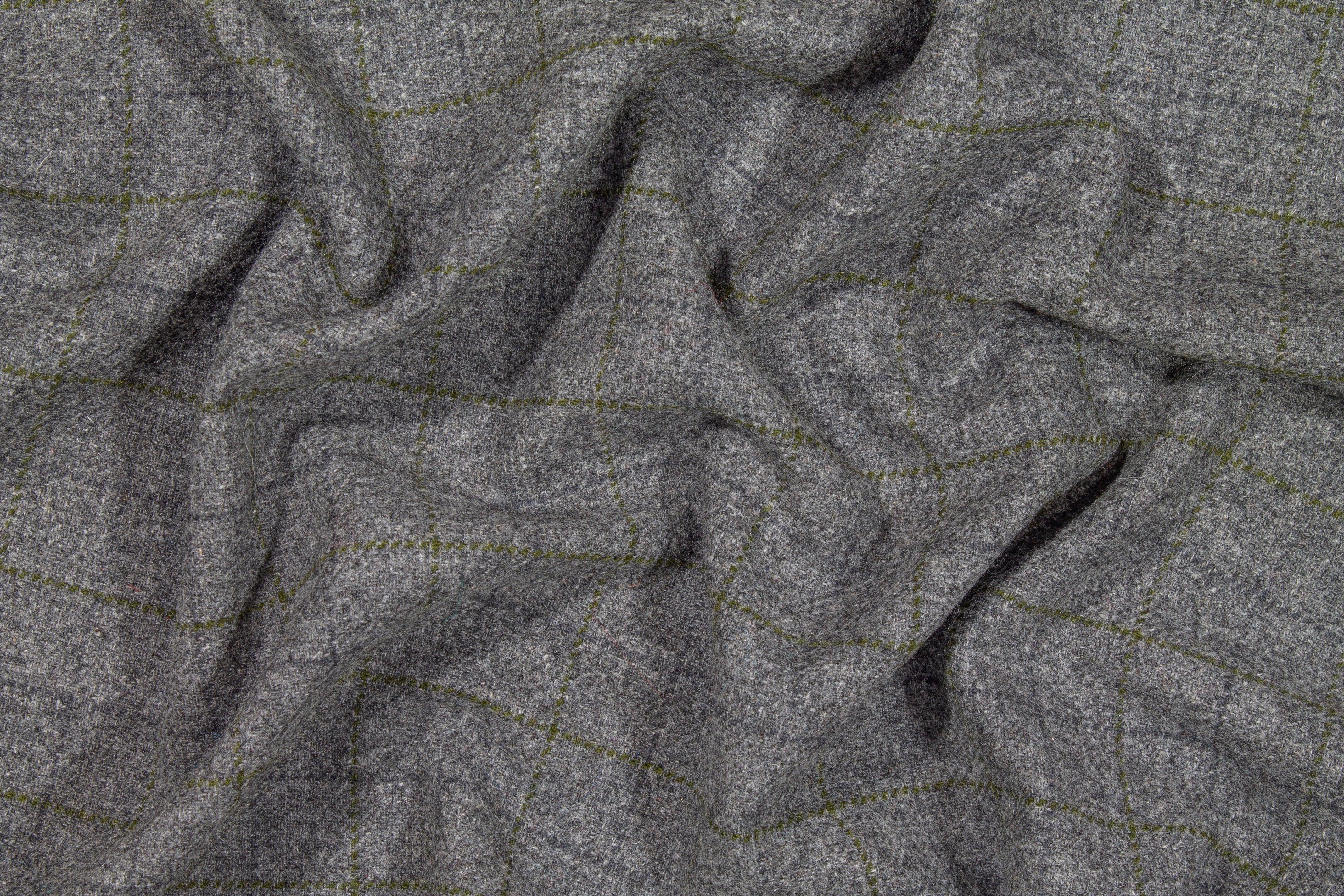 Windowpane Italian Wool - Gray and Olive Green - Prime Fabrics