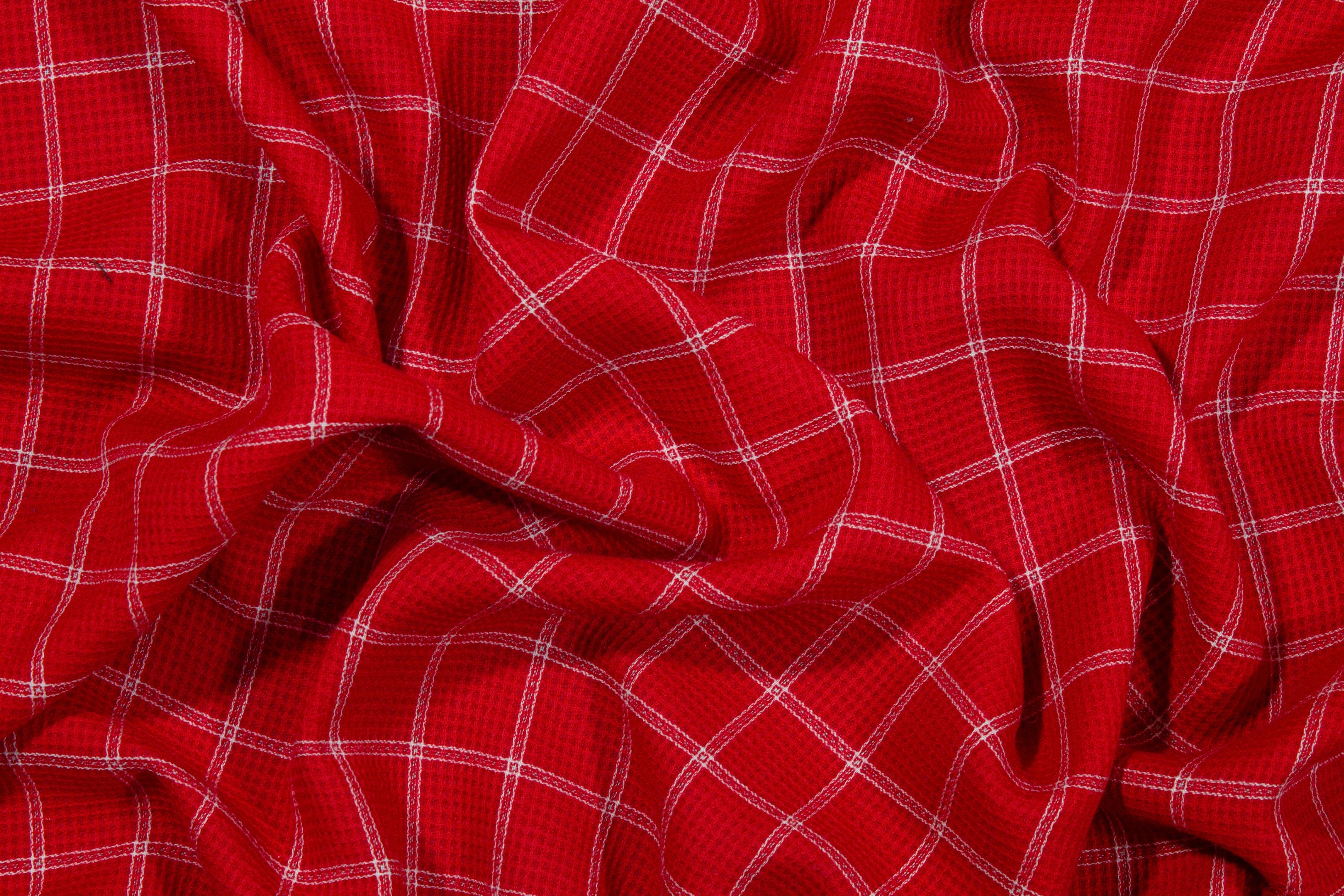 Red and White Windowpane Wool Pique - Prime Fabrics
