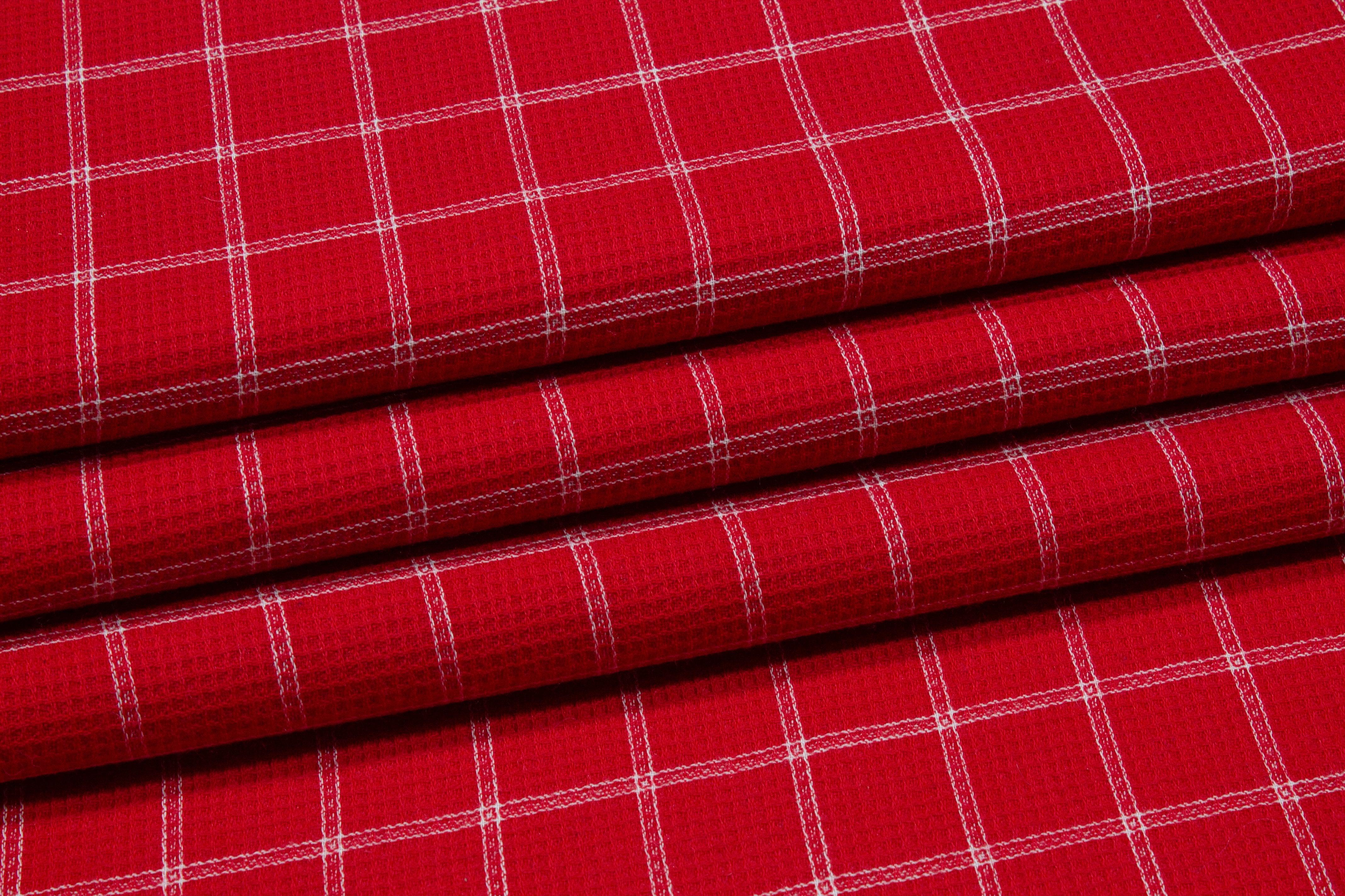 Red and White Windowpane Wool Pique - Prime Fabrics