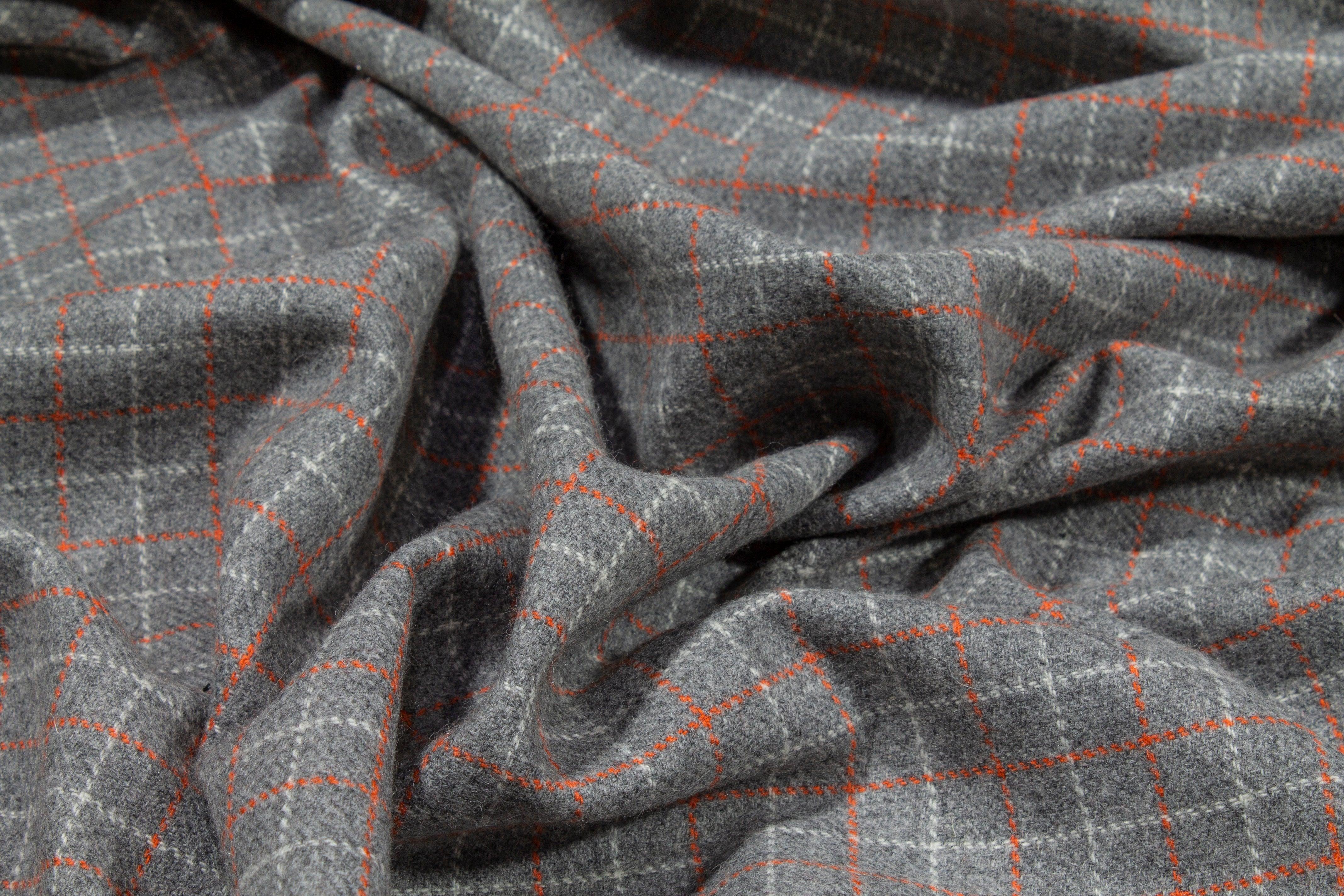 Gray and Orange Checked Wool Jacketing - Prime Fabrics