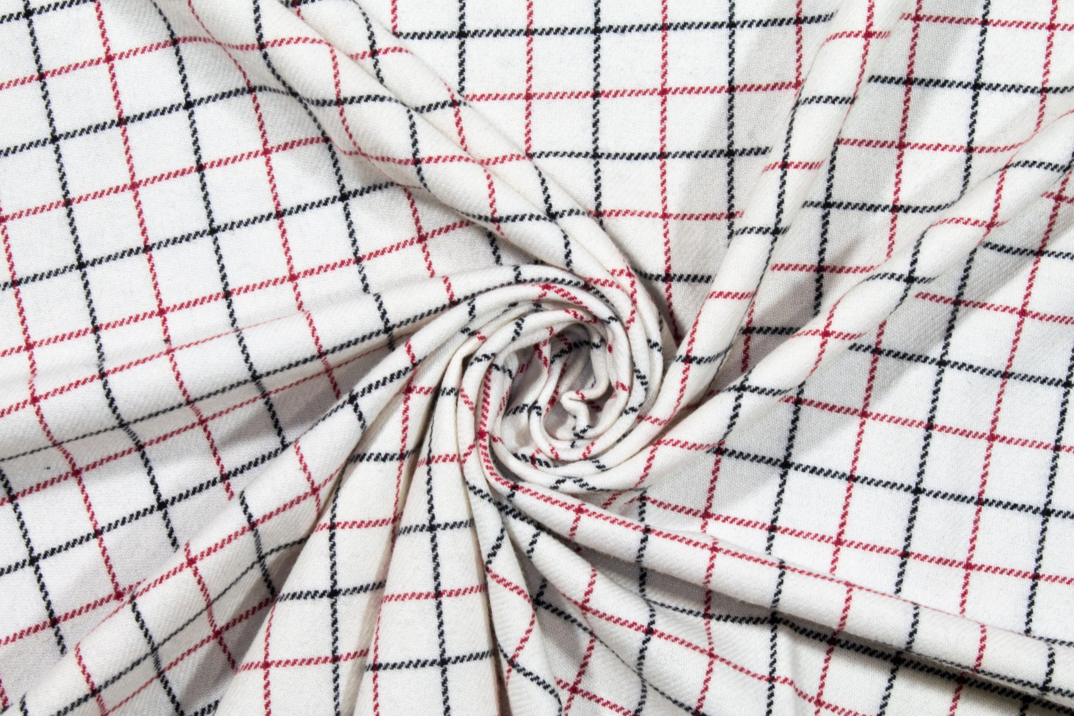 Off White, Red and Black Medium Checked Italian Wool - Prime Fabrics