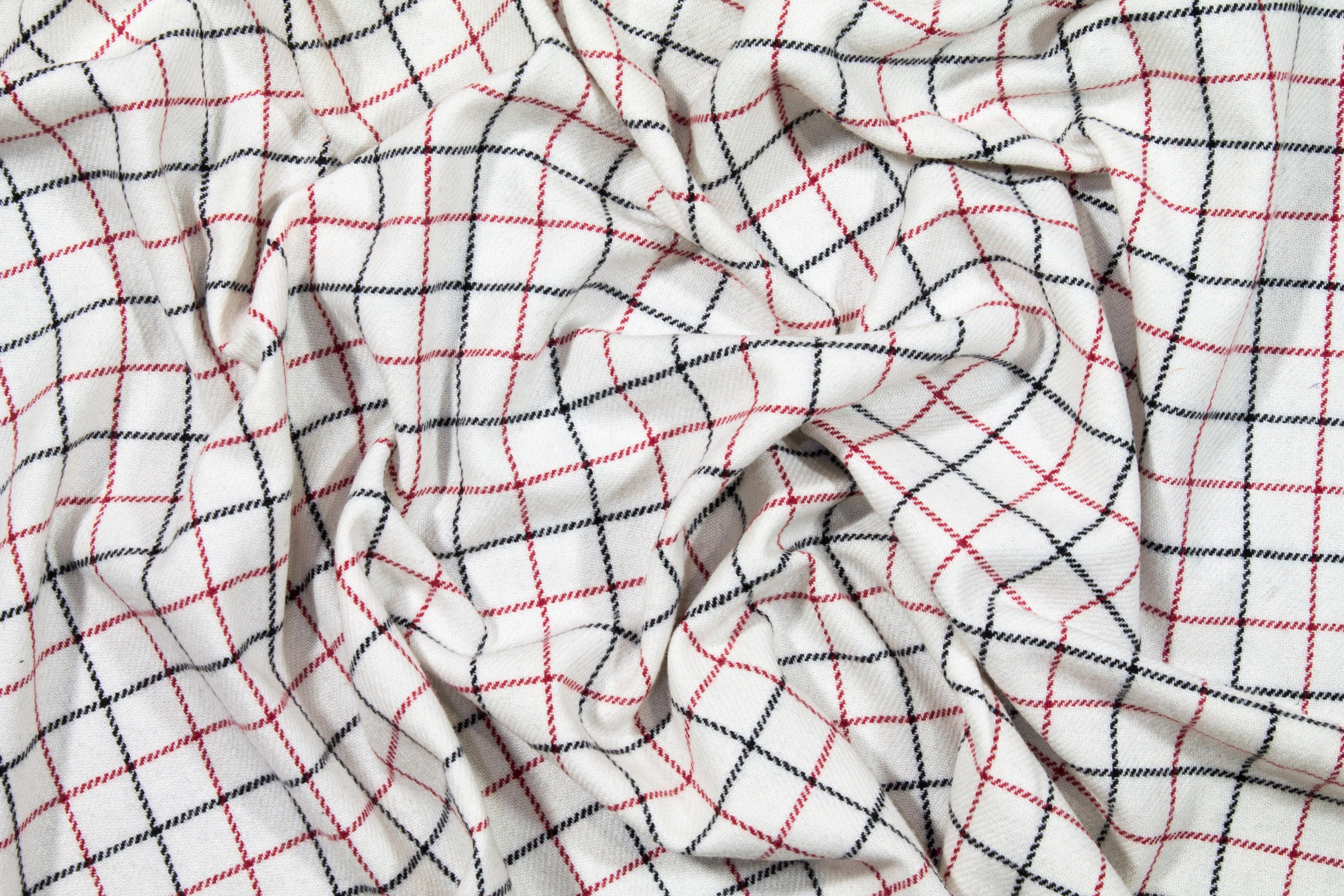 Off White, Red and Black Medium Checked Italian Wool - Prime Fabrics