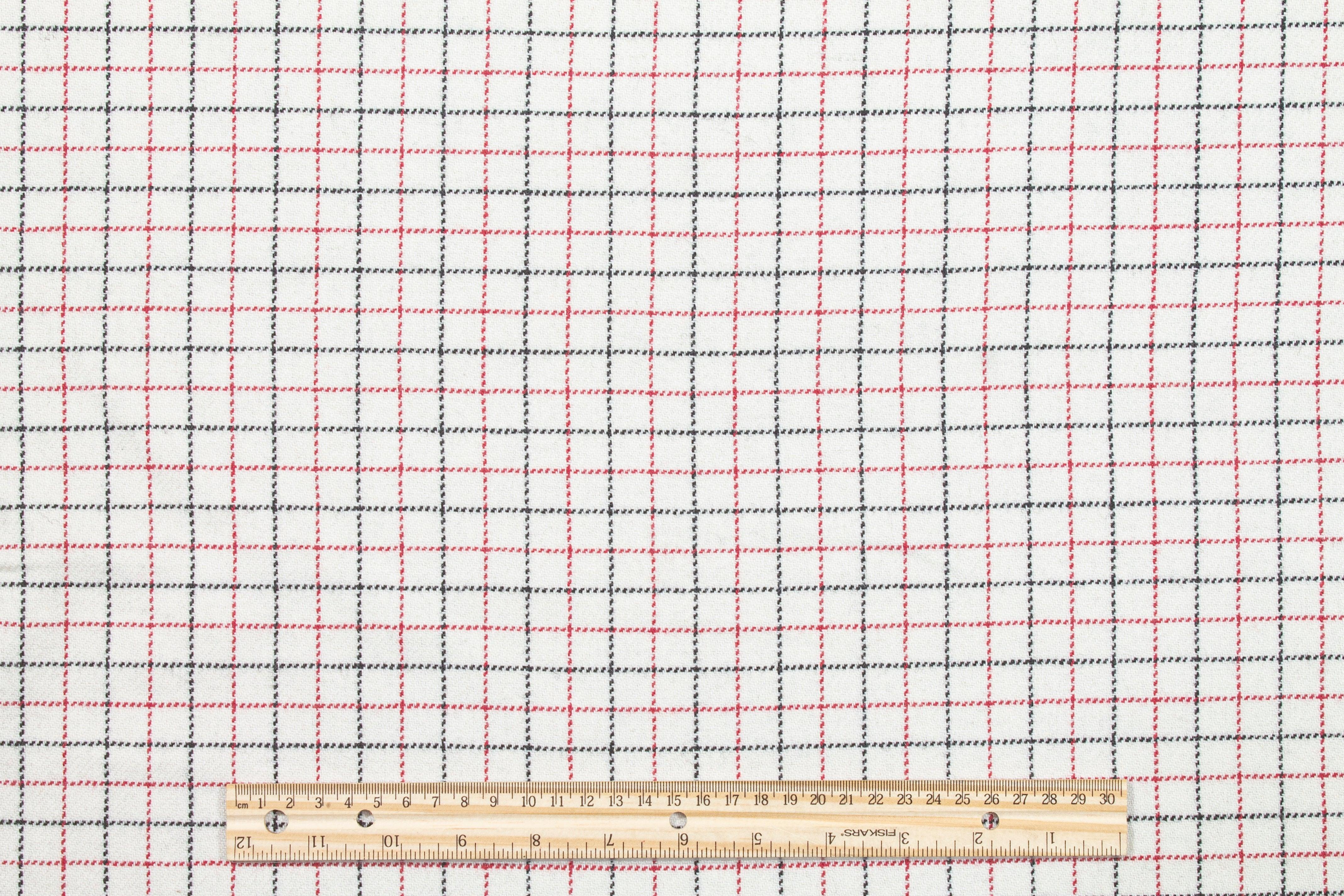 Off White, Red, and Black Small Checked Wool - Prime Fabrics