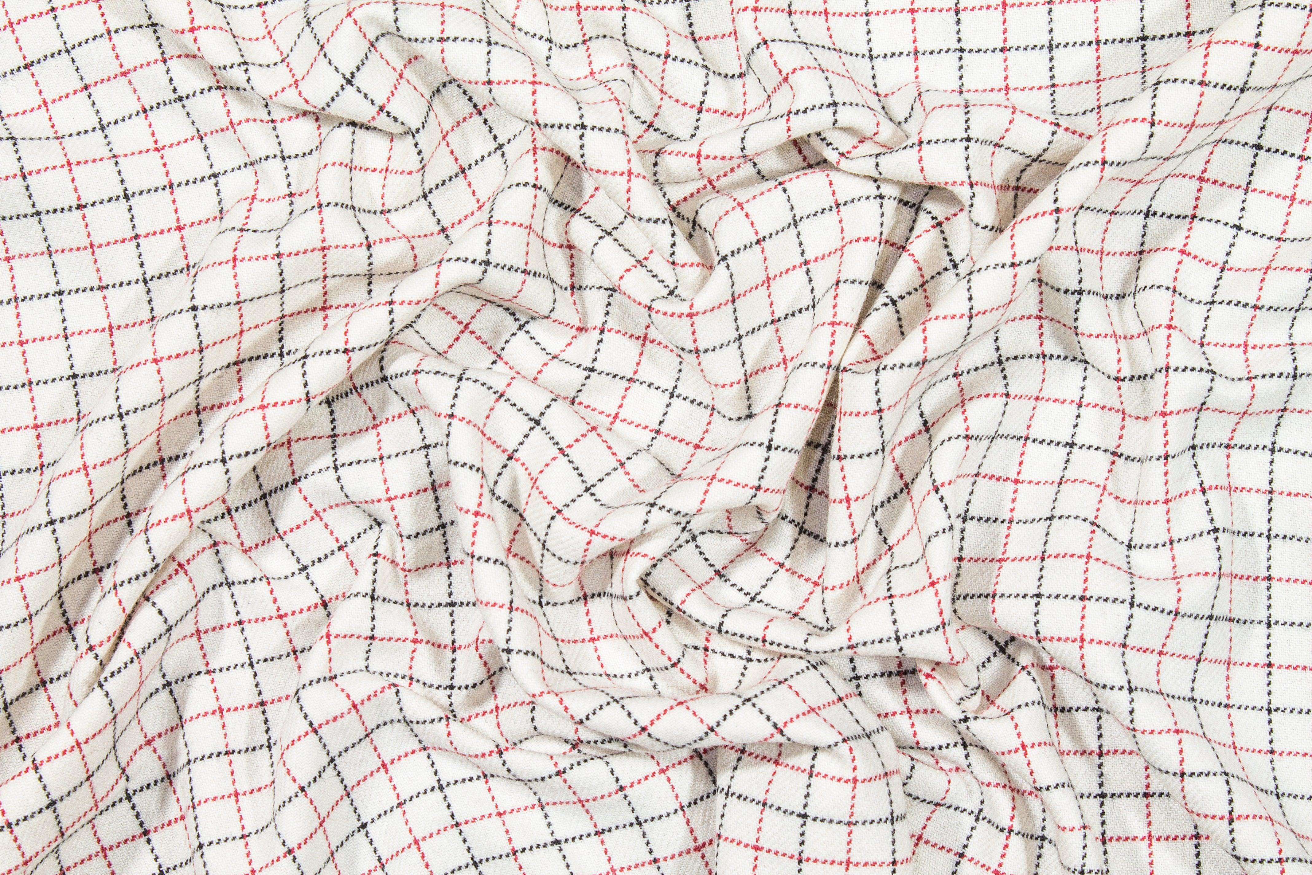 Off White, Red, and Black Small Checked Wool - Prime Fabrics