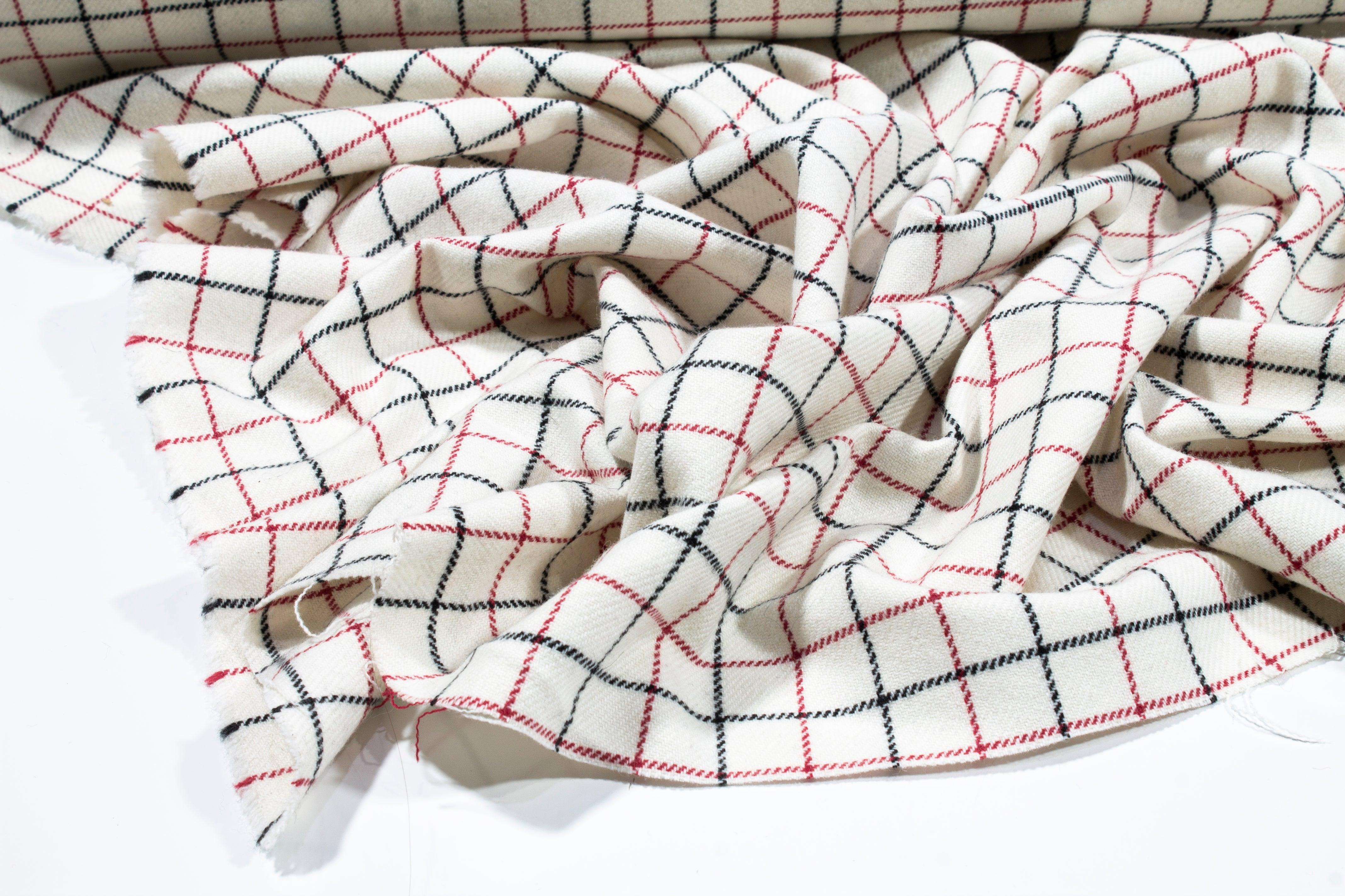 Off White, Red and Black Medium Checked Italian Wool - Prime Fabrics