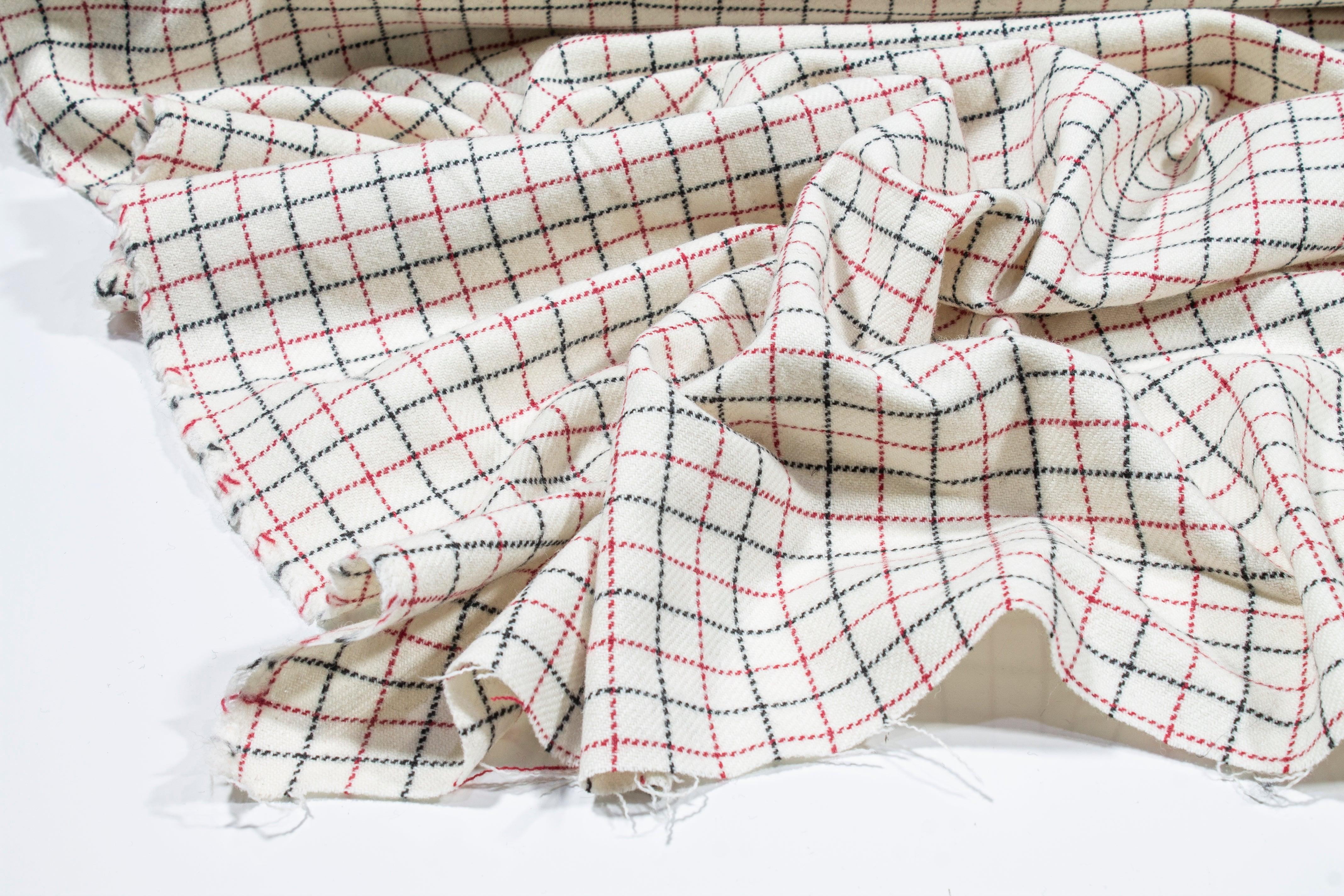 Off White, Red, and Black Small Checked Wool - Prime Fabrics