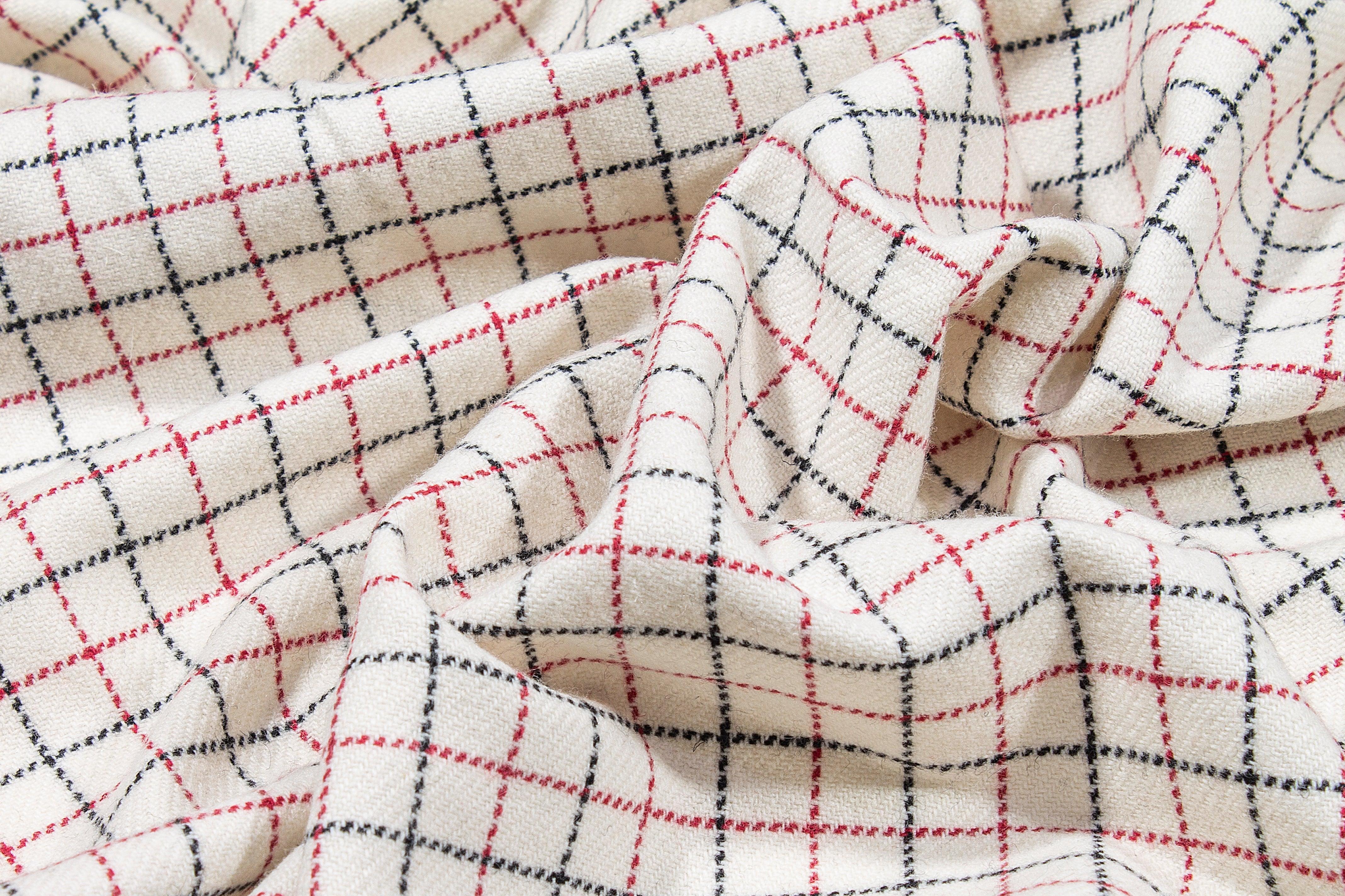 Off White, Red, and Black Small Checked Wool - Prime Fabrics