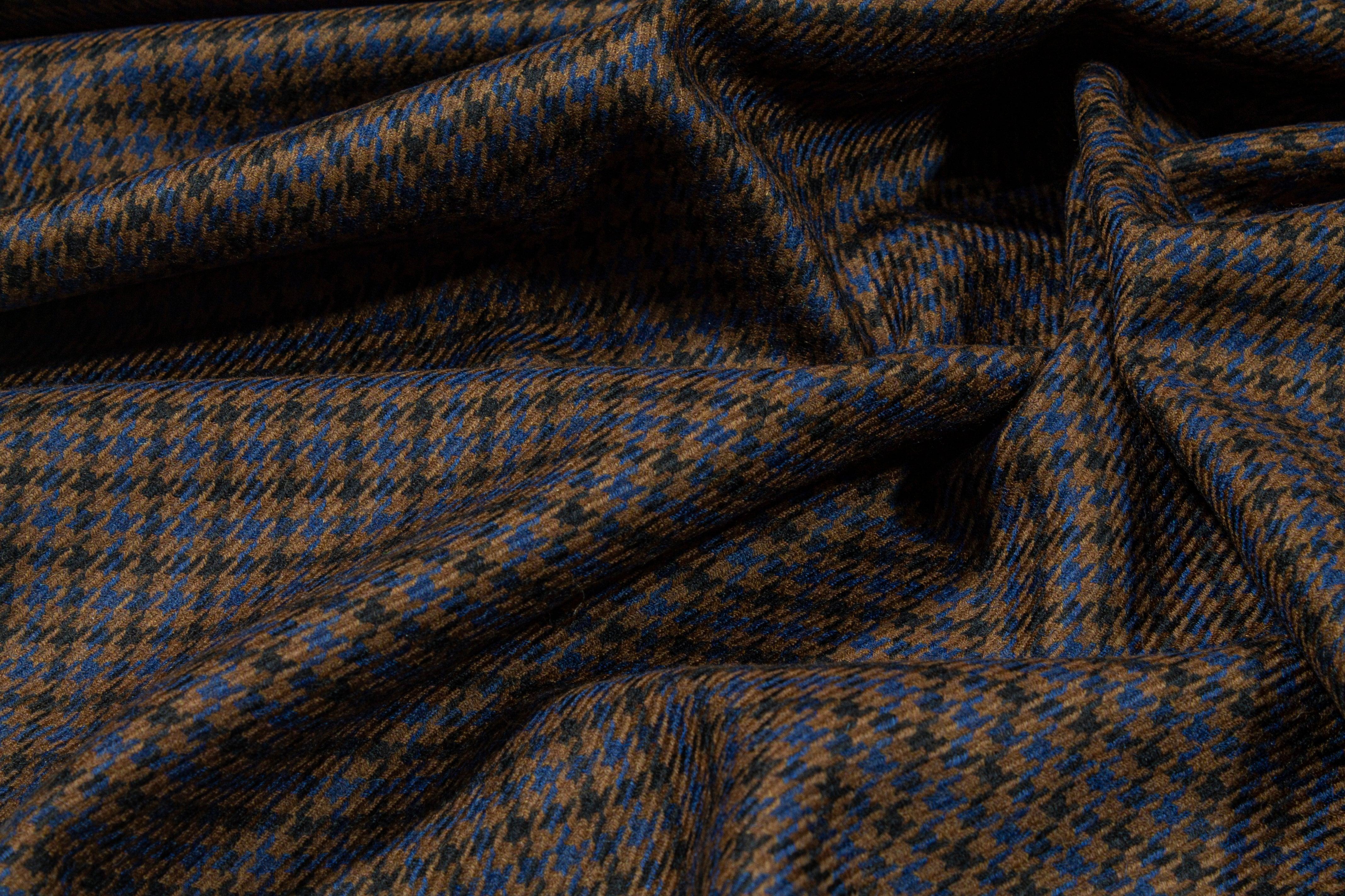 Brown and Blue Houndstooth Wool Suiting - Prime Fabrics