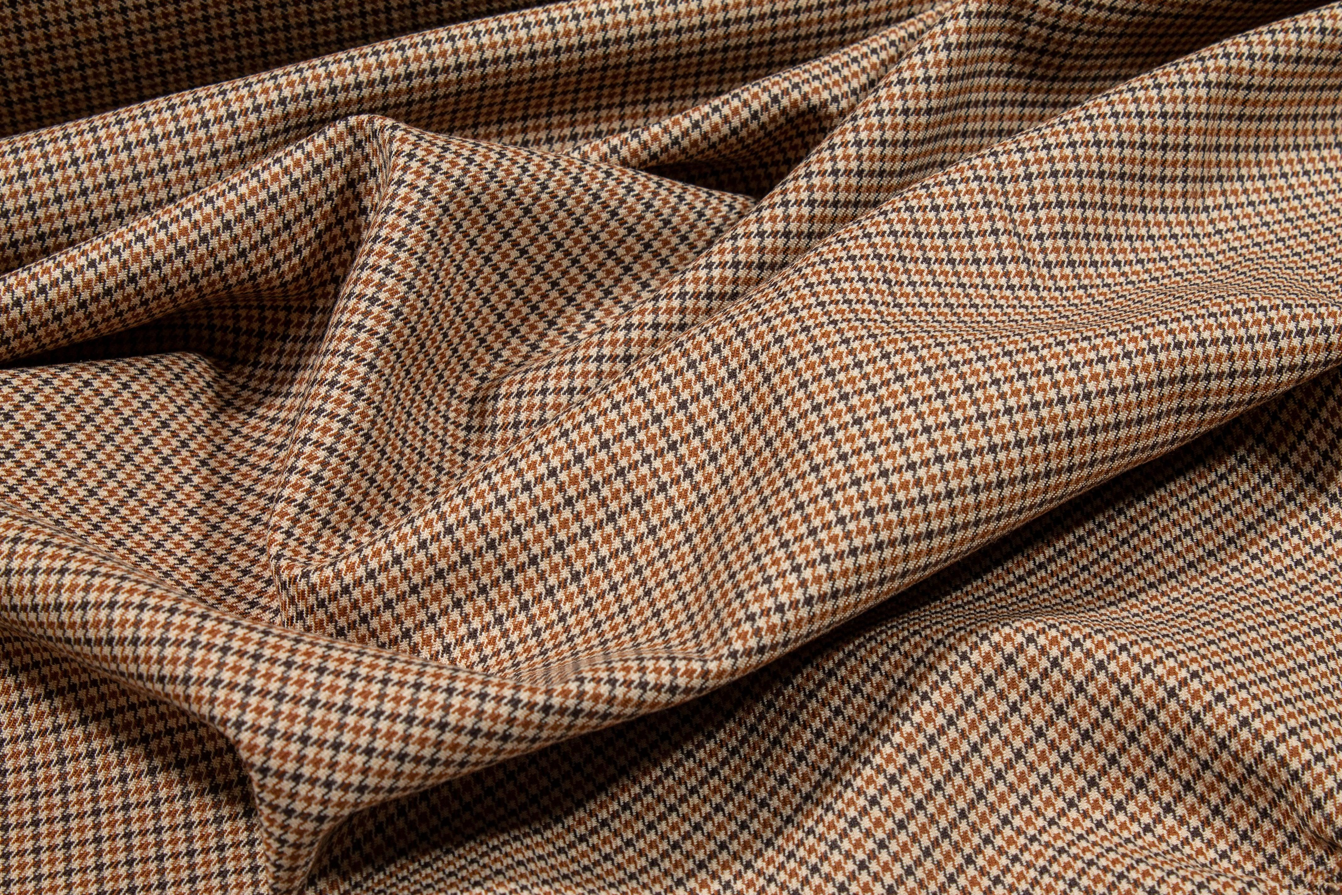 Brown Mini Houndstooth Checked Italian Wool Suiting - Prime Fabrics